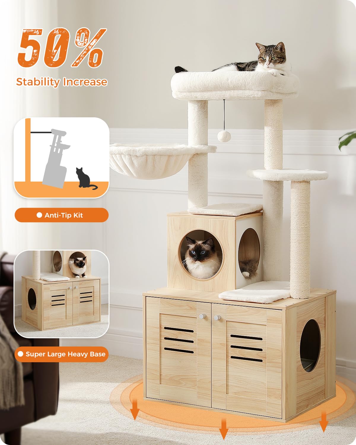 MUTTROS Cat Tree with Litter Box Enclosure, 50 Modern Cat Tree for Large/Fat Cats with Cat Condo, Wooden Cat Furniture with Larg