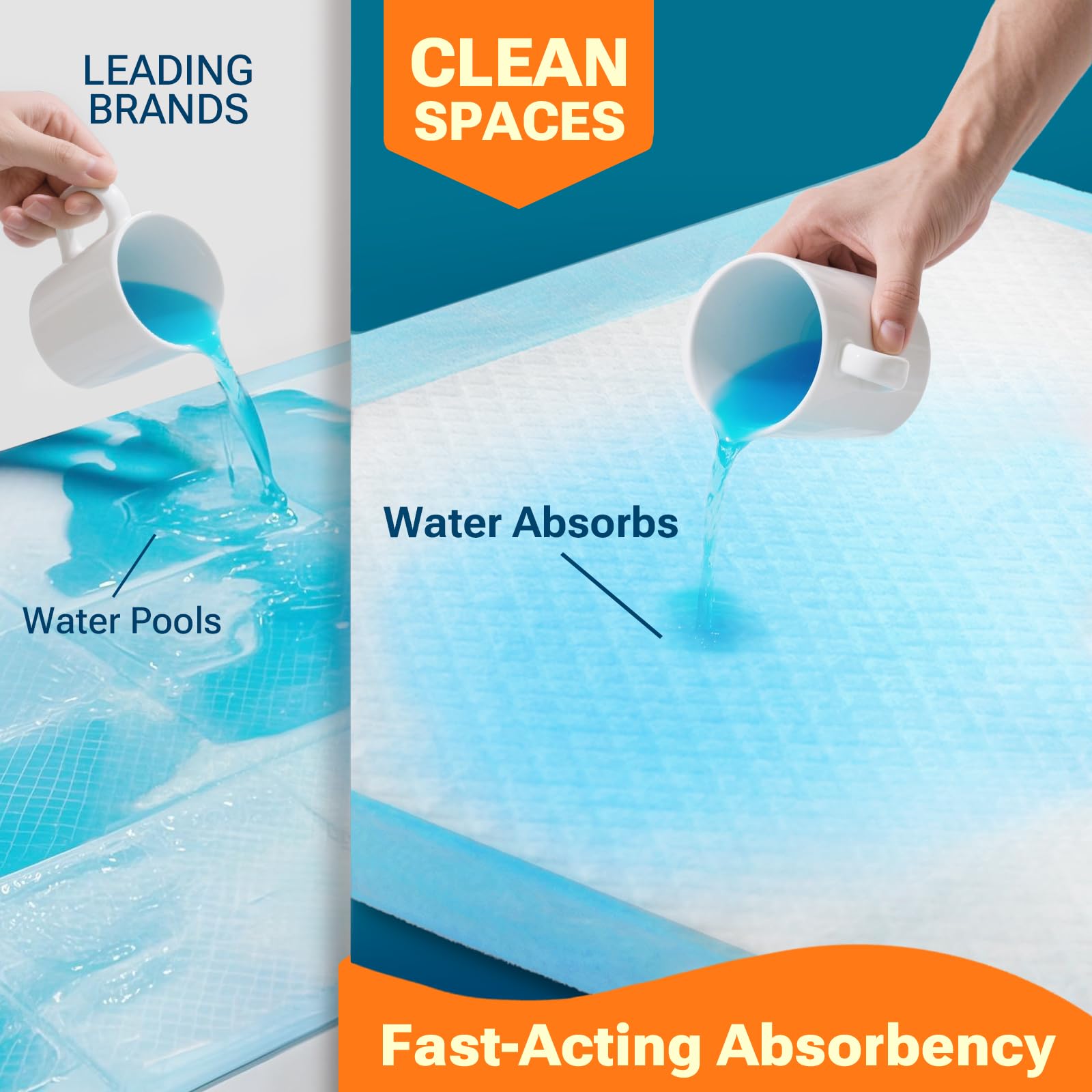 CLEAN SPACES Extra Large Puppy Pads, Super Absorbent, 28"x34", 50 Count, Blue, Polyester, Model CS66AP