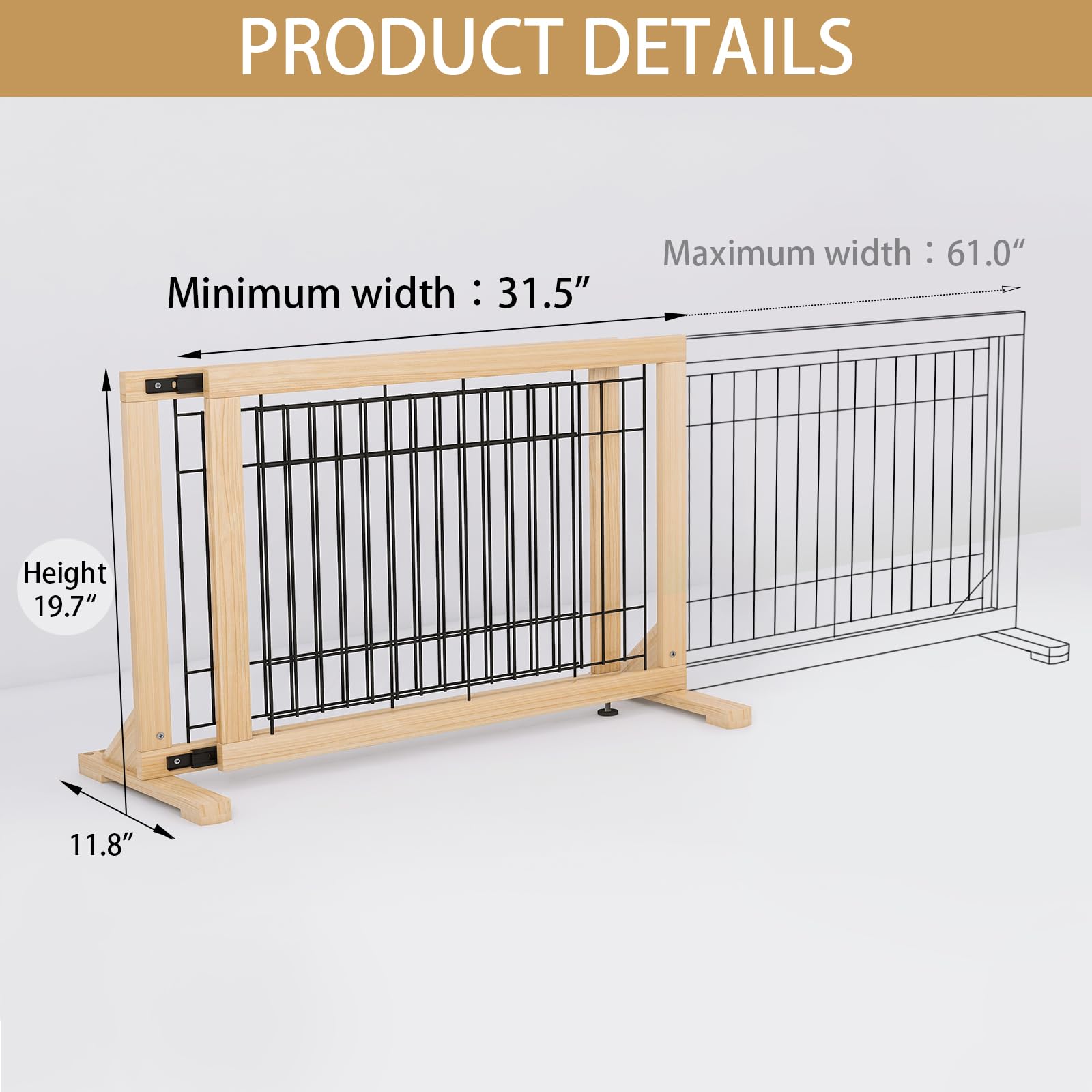 YOCAN Extra Wide Adjustable Dog Gate, 19.7" Tall, 31.5–61" Wide, Wood & Metal Frame, No Drill Pressure Mount, Black/Natural