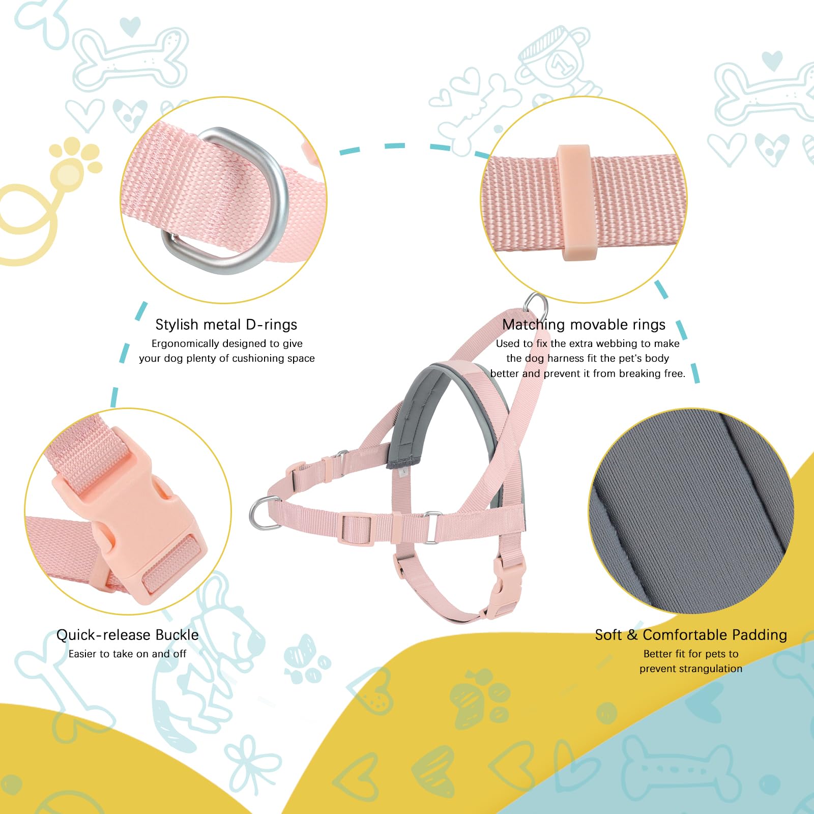 Wisedog No Pull Dog Harness - Adjustable Webbing Dog Halter Harness With Reflective Soft Padded For Large Dogs(Gossamer Pink, L|