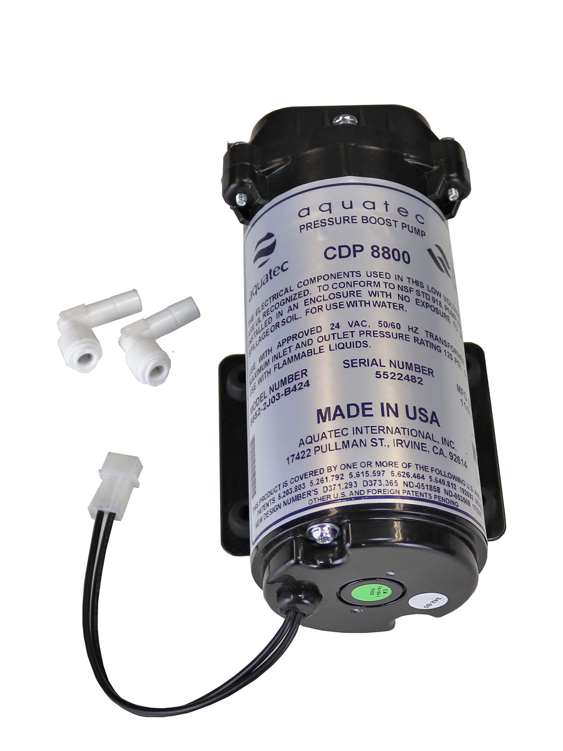Aquatec 8800 Series 8852 Water Pressure Boost Pump (Pump Only), 2.6Lpm 24Vac For Aeroponics Or 100Gpd To 200Gpd Ro Systems