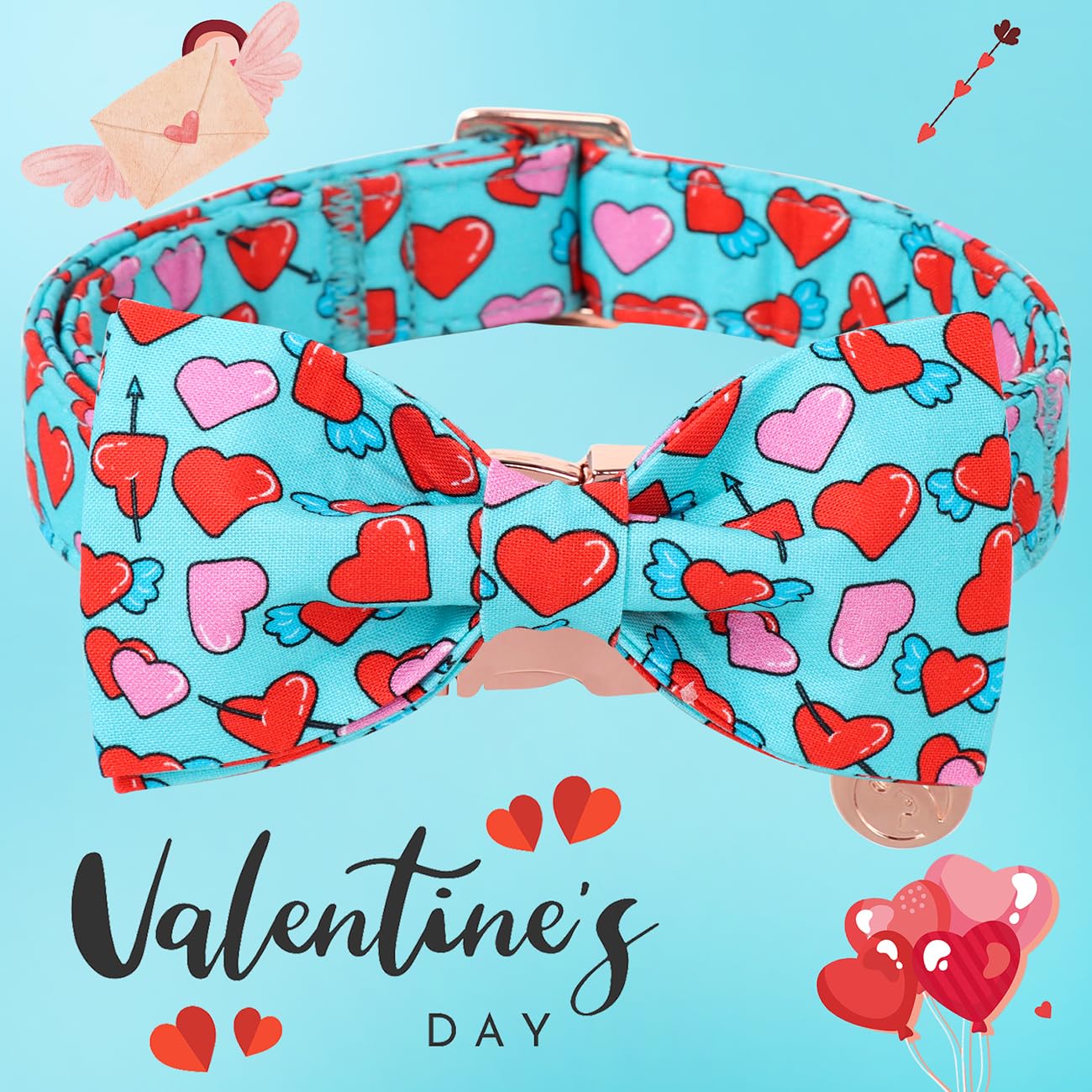 Dogwong Valentine Dog Collar With Bow, Blue Heart, Soft Cotton, Perfect Fit For Small Dogs