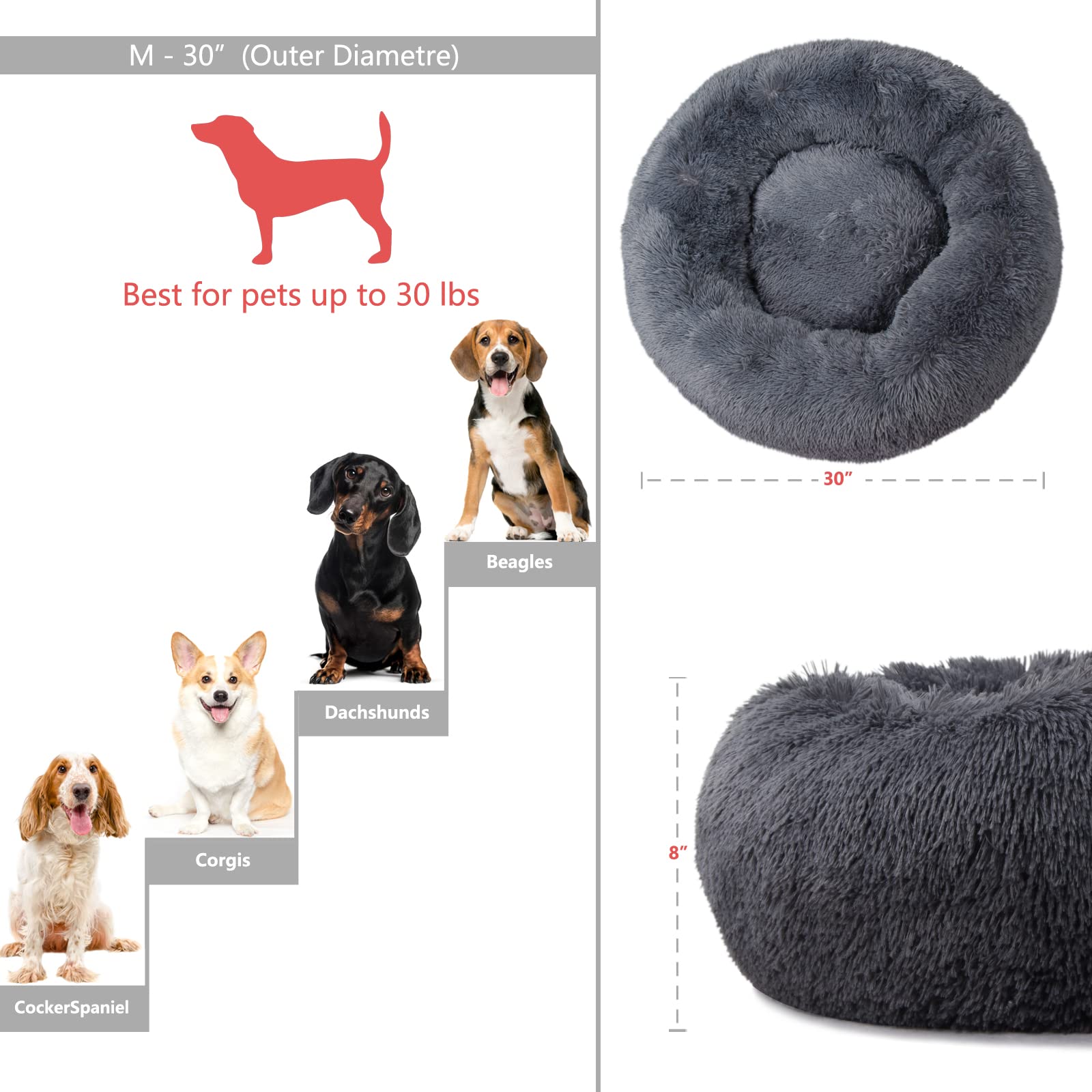 Round Calming Dog Beds For Medium Dogs 30 Inches Anti-Slip Donut Washable Plush Faux Fur Pet Bed Fits Up To 45 Lbs Pets,Dark Gray