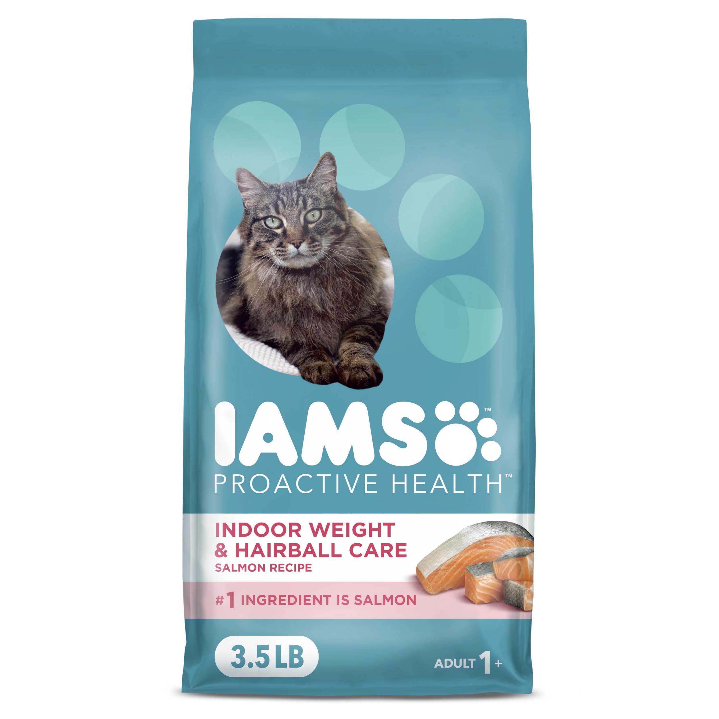 IAMS Proactive Health Indoor Weight Control & Hairball Care Adult Dry Cat Food, Salmon Recipe, 3.5 lb. Bag