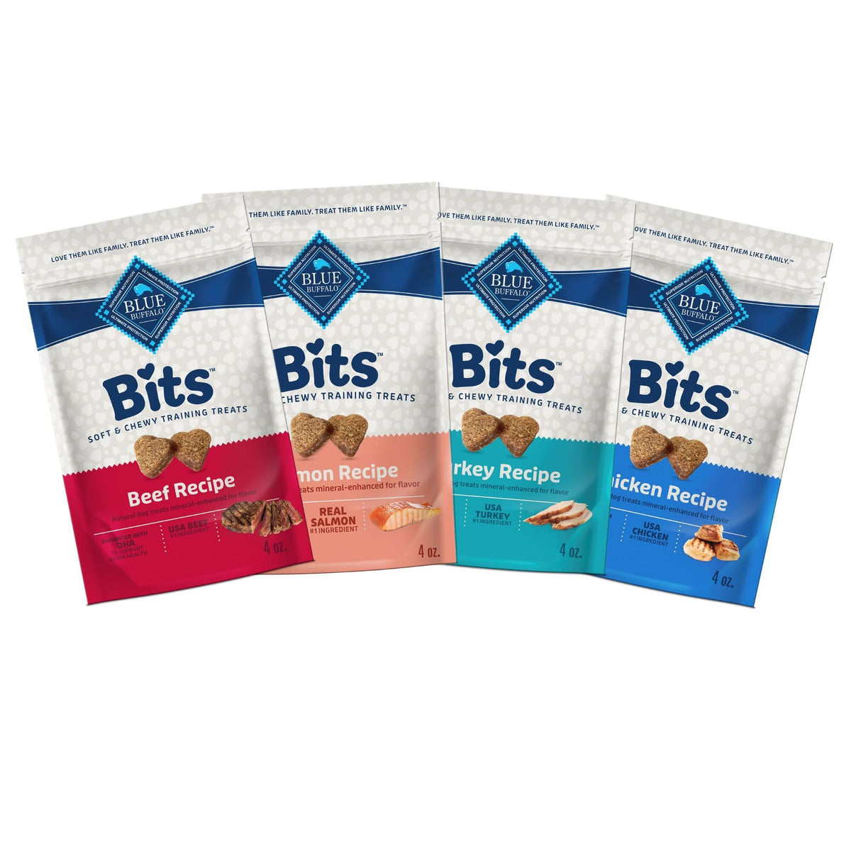 Blue Buffalo Blue Bits Natural Soft-Moist Training Dog Treats, Beef, Salmon, Turkey, And Chicken Recipes 4-Oz Variety Pack, 4Ct