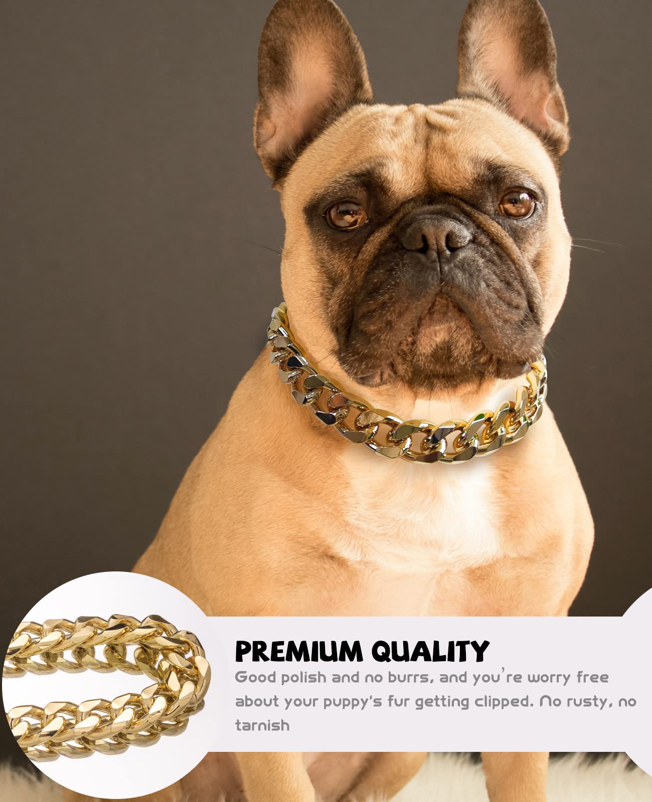 Gold Chain Dog Collar - 7/8 Inch Wide Metal Cuban Link Dog Necklace With Leather Belt, Lightweight Protect Puppy'S Neck, Cute Fa