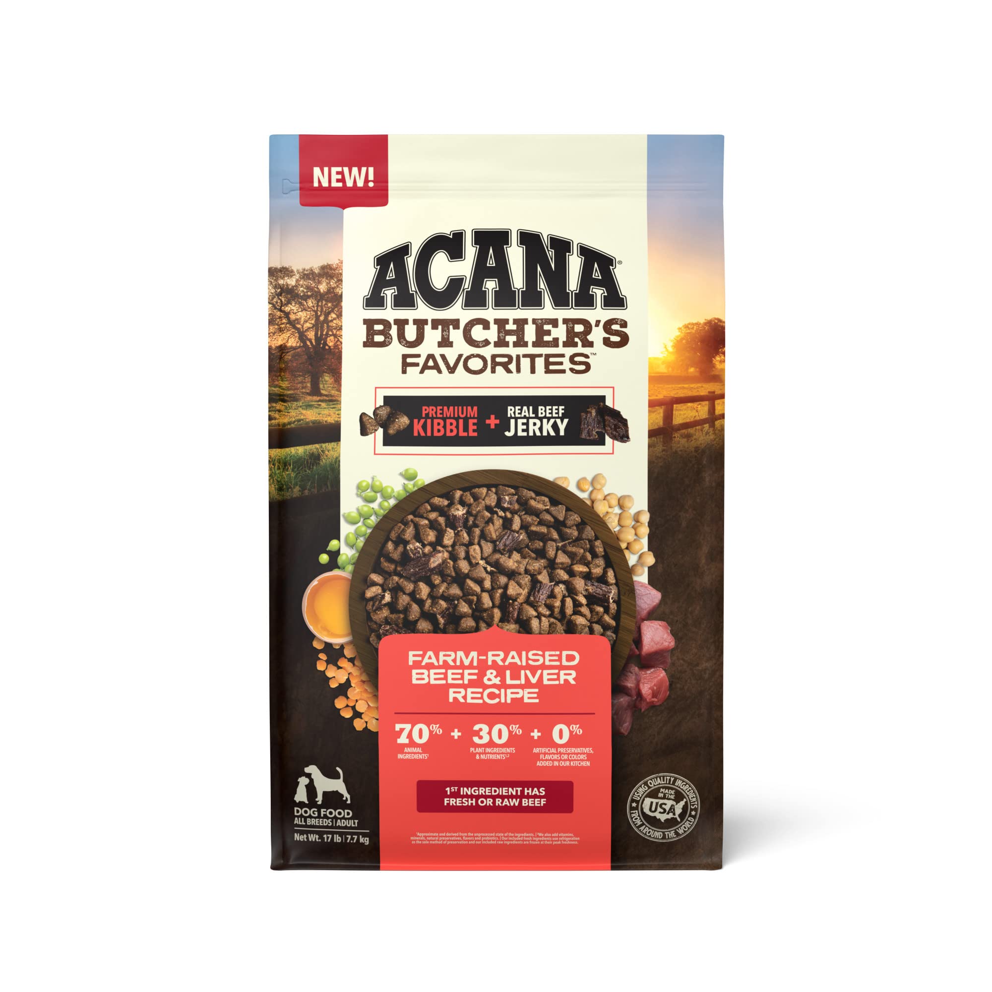 ACANA Butchers Favorites Dry Dog Food, Farm-Raised Beef & Liver Recipe, Dry Kibble and Beef Jerky Pieces, 17lb