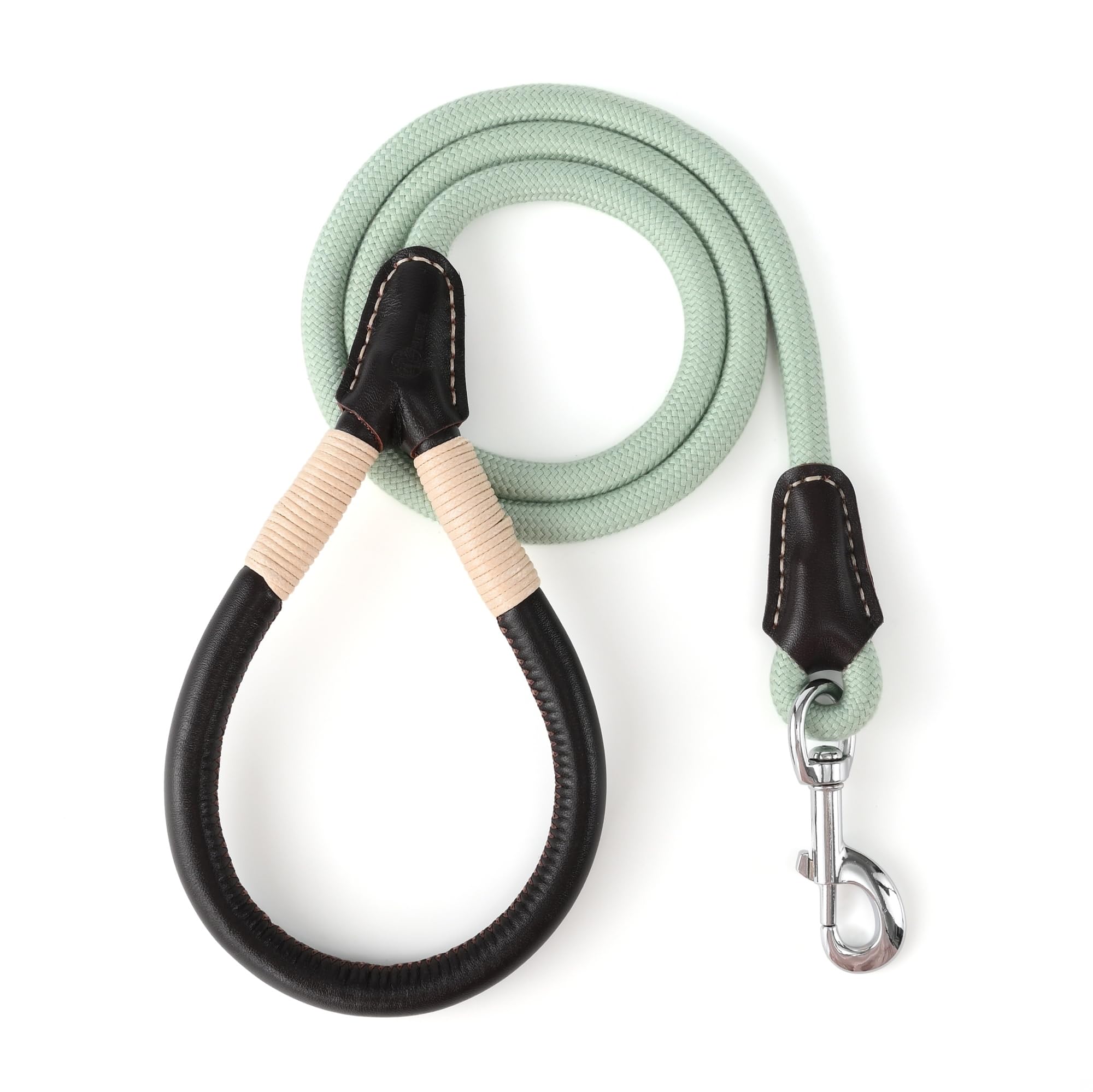 Mile High Life Genuine Leather Wrapped Handle Dog Leash, W Heavy Duty Clasp Rope Leash For Small Medium Large Dogs (Green, 5Ft)