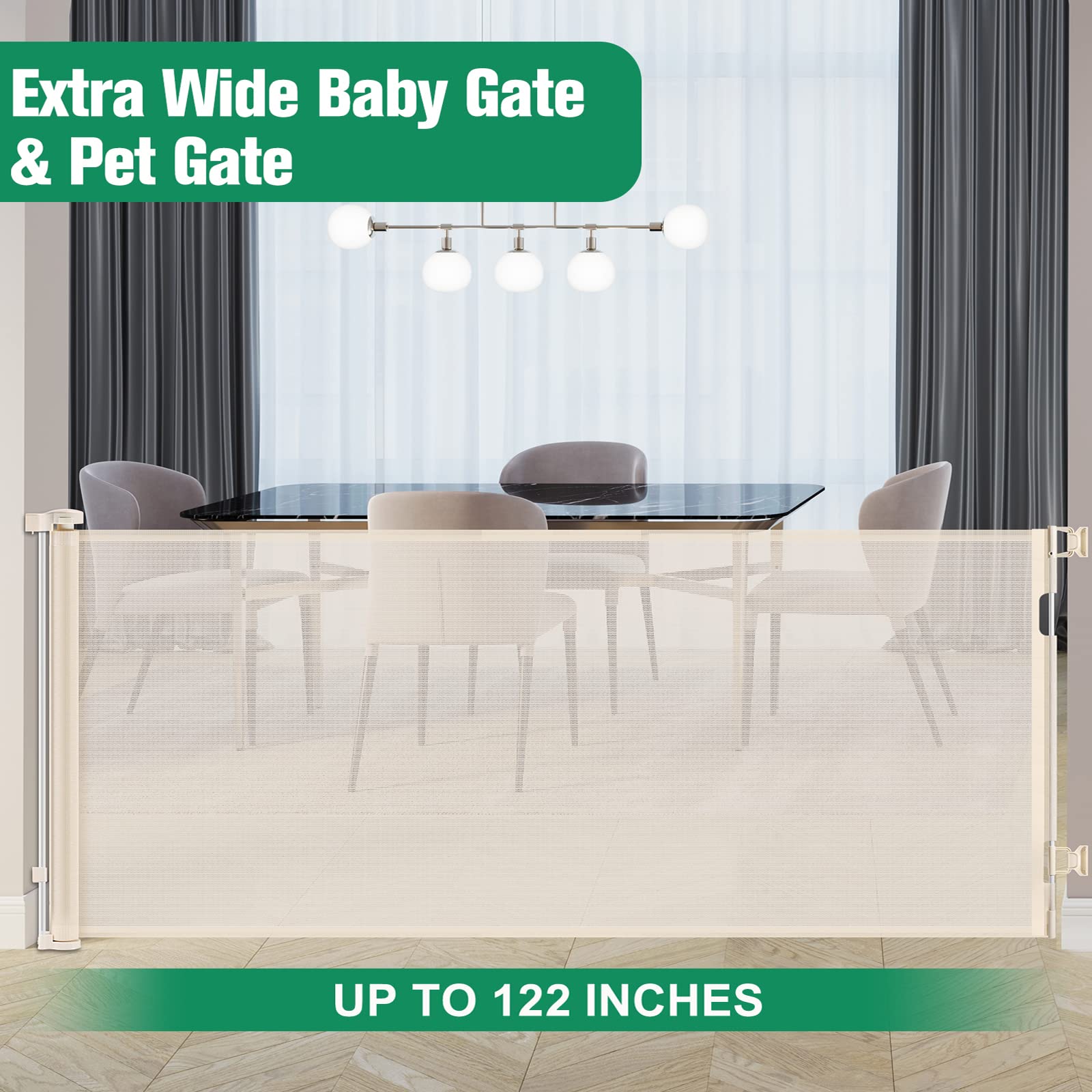 122 Inch Retractable Baby Gates Extra Wide Retractable Dog Gate For Large Openings Dog Gates For The House Extra Wide Gates For Dogs Indoor Extra Long Baby Gate Outdoor Dog Gate For Doorways, Beige