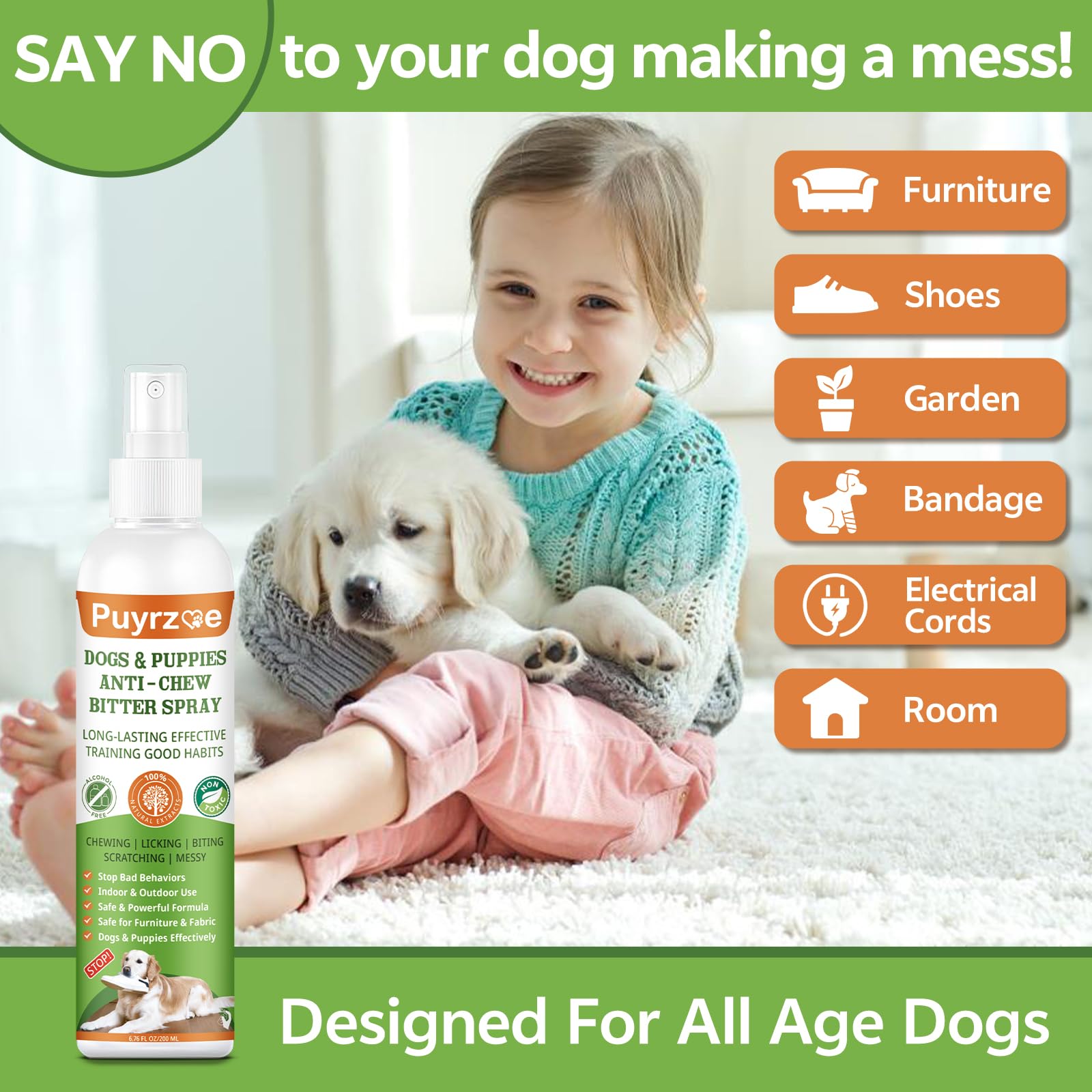 Puyrzoe No Chew Spray For Dogs, 200Ml Bitter Apple Spray For Dogs Natural Prevent Chewing & Licking Furniture, Sofa, Shoes, Band