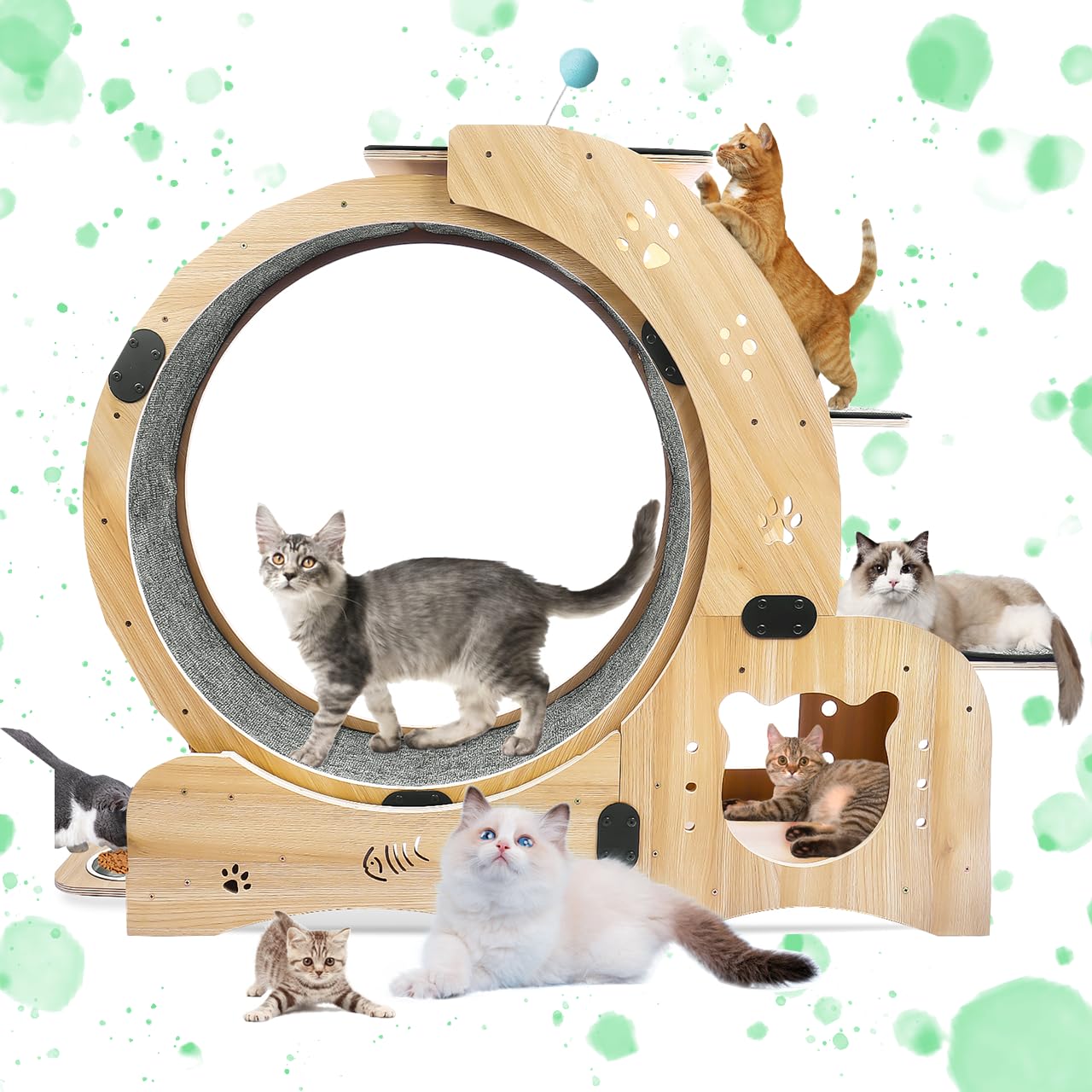 Upgraded Cat Wheel Exerciser For Indoor,Large Cats Treadmill,Cats Running Wheel With Silent Wheels,Loss Weight Device (Wood)