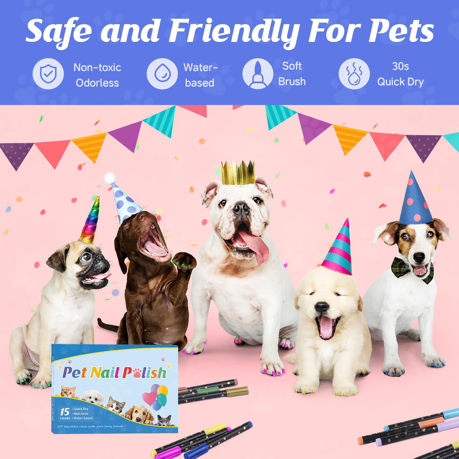 Cherocito Dog Nail Polish Pens Quick Dry, 15 Colors Safe Set For Diy Pretty Nails, Ideal Gifts For Dogs Cats Light Dark Nails, O