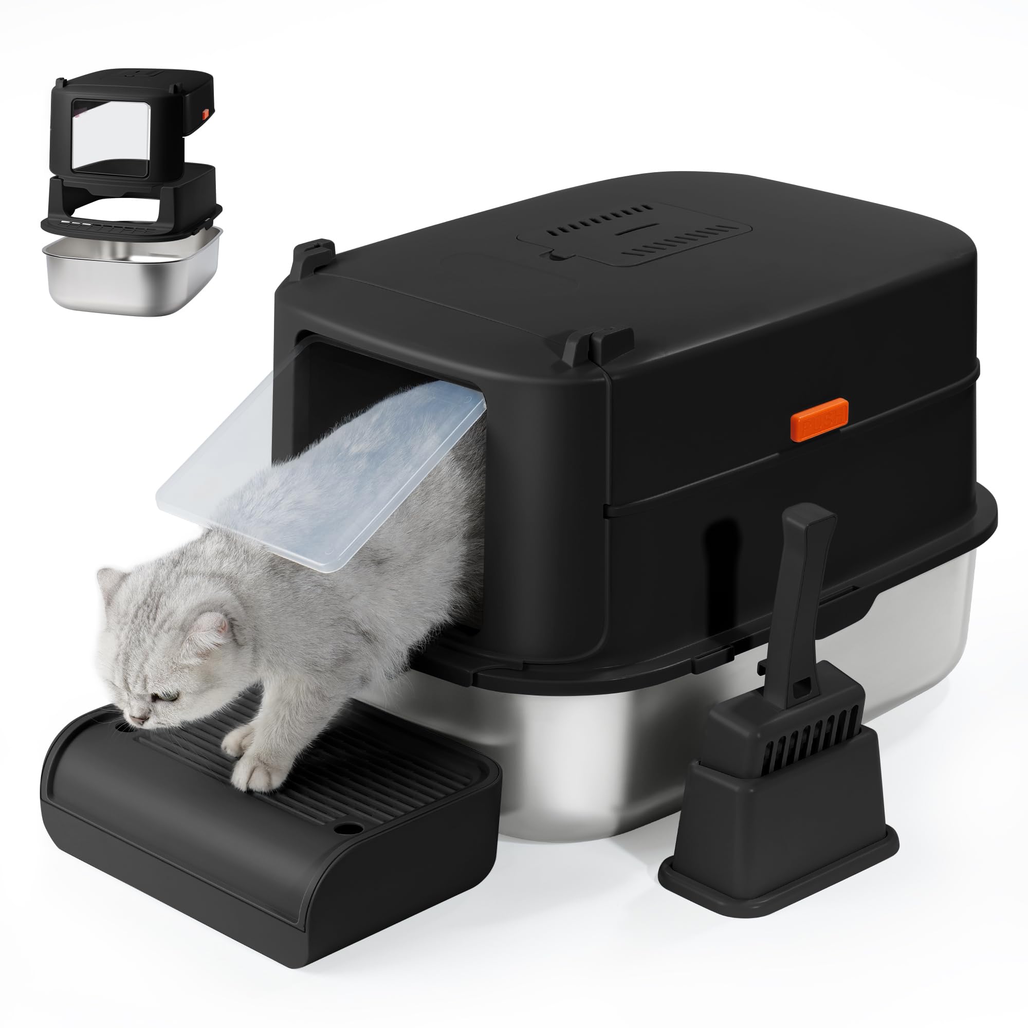Aupures Xl Stainless Steel Cat Litter Box Enclosed Metal Litter Box With High Sides, Removable Covered Lid & Door Flap - Durable