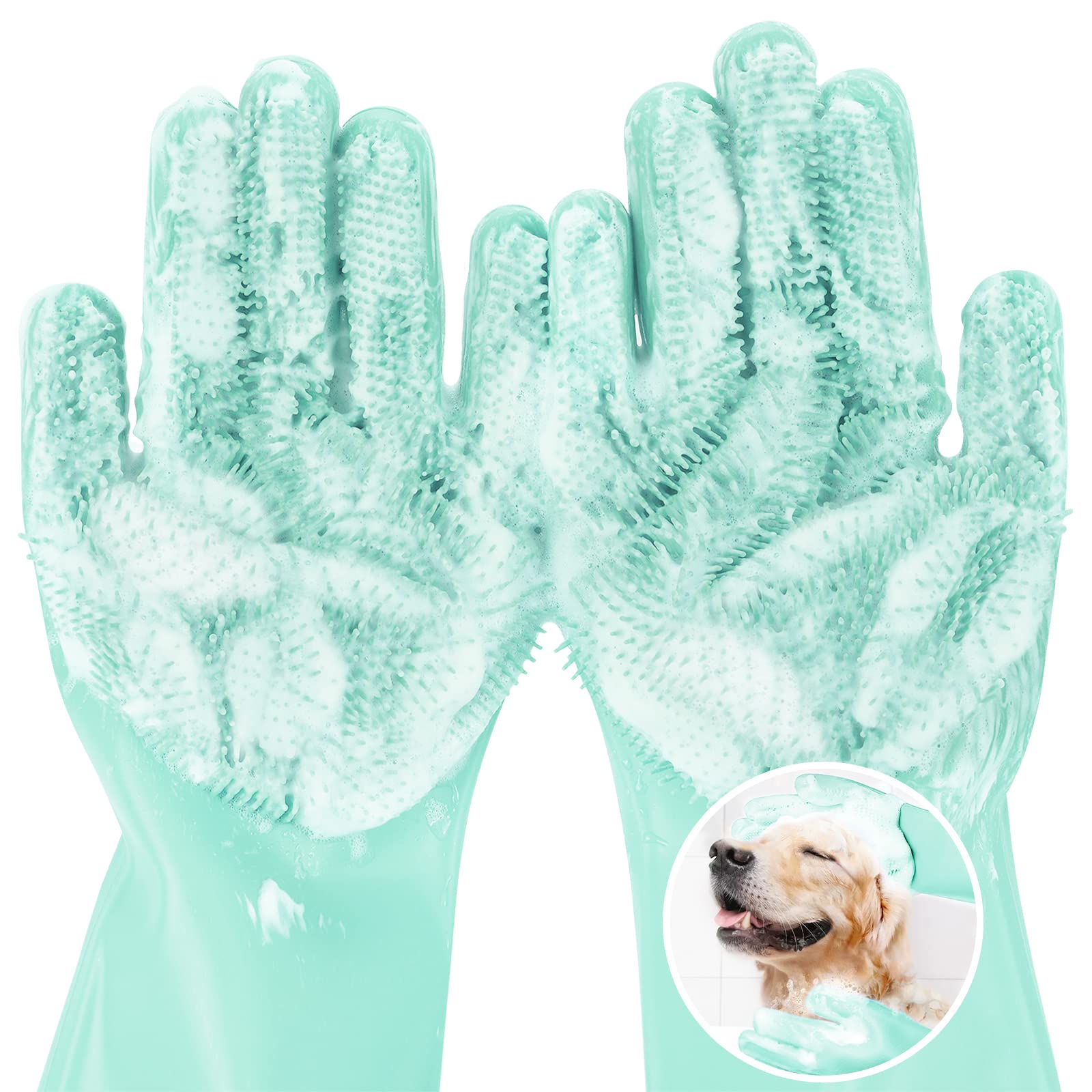 Pecute Pet Grooming Gloves Large, Heat Resistant Cat Bathing Gloves With High-Density Teeth, Silicone Dog Bathing Gloves With En