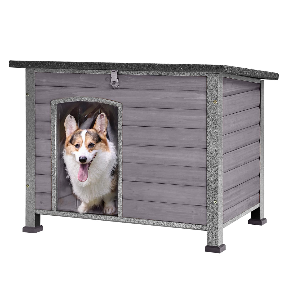Gutinneen Chew Proof Dog House With Metal Iron Frame Outdoor Dog Kennel For Small Medium Large Indoor Dog Cage (33.5'' L,Grey Co