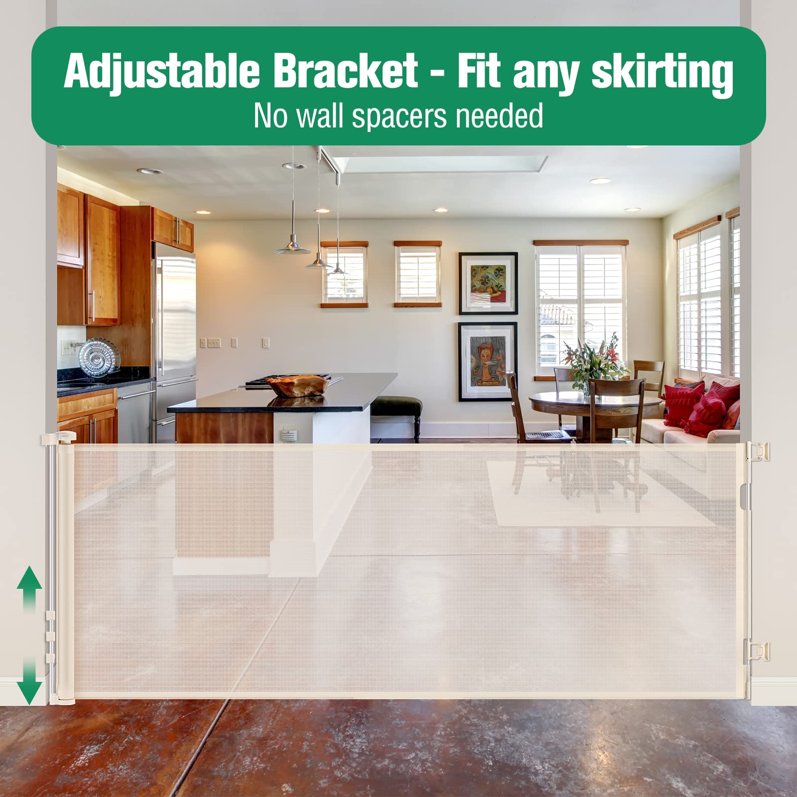 110 Inch Extra Wide Retractable Baby Gate For Large Openings Pet Gates For Dogs Indoor Retractable Baby Gates Outdoor Dog Gates For The House Extra Wide Baby Gate Large Dog Gate For Doorways, Beige