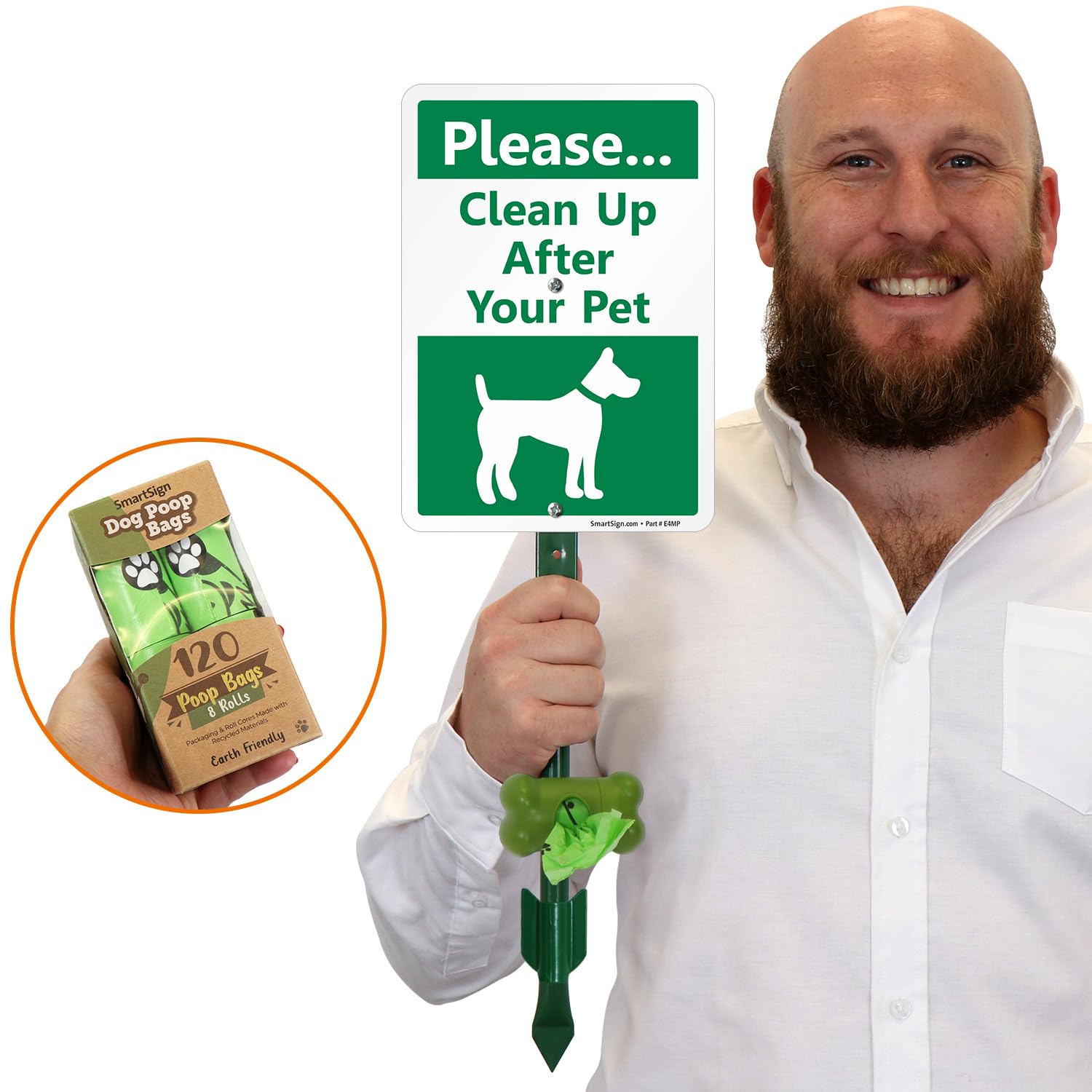 Smartsign Please Clean Up After Your Pet Yard Sign & Clip-On Preloaded Dispenser Combo/Kit With 135 Dog Poop Waste Bags, 7''X10'