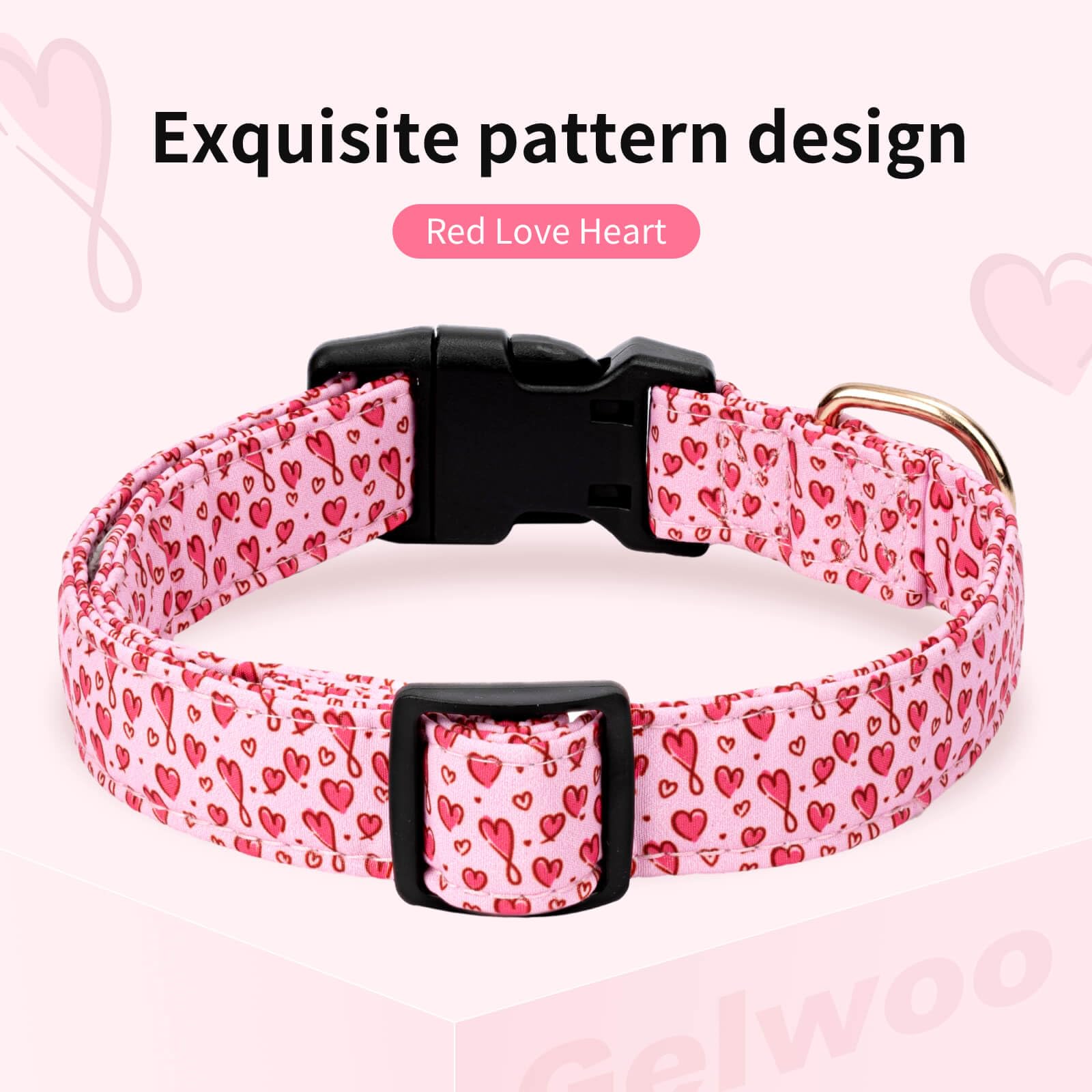 Gelwoo Cotton Dog Collar,Valentine's Day Soft and Cute Puppy Collars with Hearts Design for Girl Female Boy Dogs,Adjustable Buck