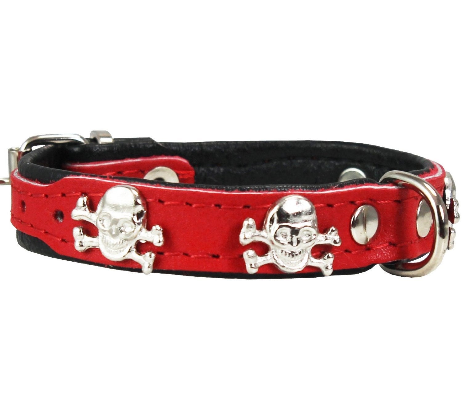 Dogs My Love Real Leather Skull Studded Padded Dog Collar (8.75''-10.5'' Neck; 1/2'' Wide, Red/Black)