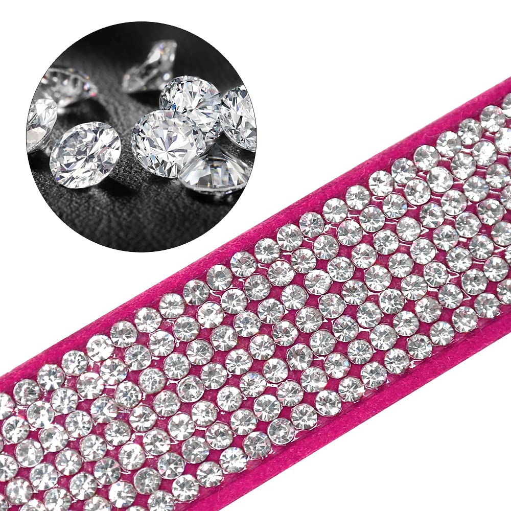 Beirui Rhinestone Bling Leather Dog & Cat Collar - Flocking Sparkly Crystal Diamonds Studded - Cute Double Bowknot For Pet Show & Daily Walking,Hot Pink,Xxs Neck Fit 6-8'