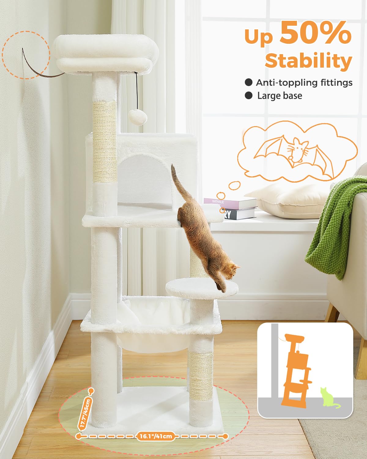 Muttros White Cat Tree For Indoor Cats, 45.7'' Multi-Level Cat Tower With Large Metal Frame Hammock, Cat Condo With 4 Scratching