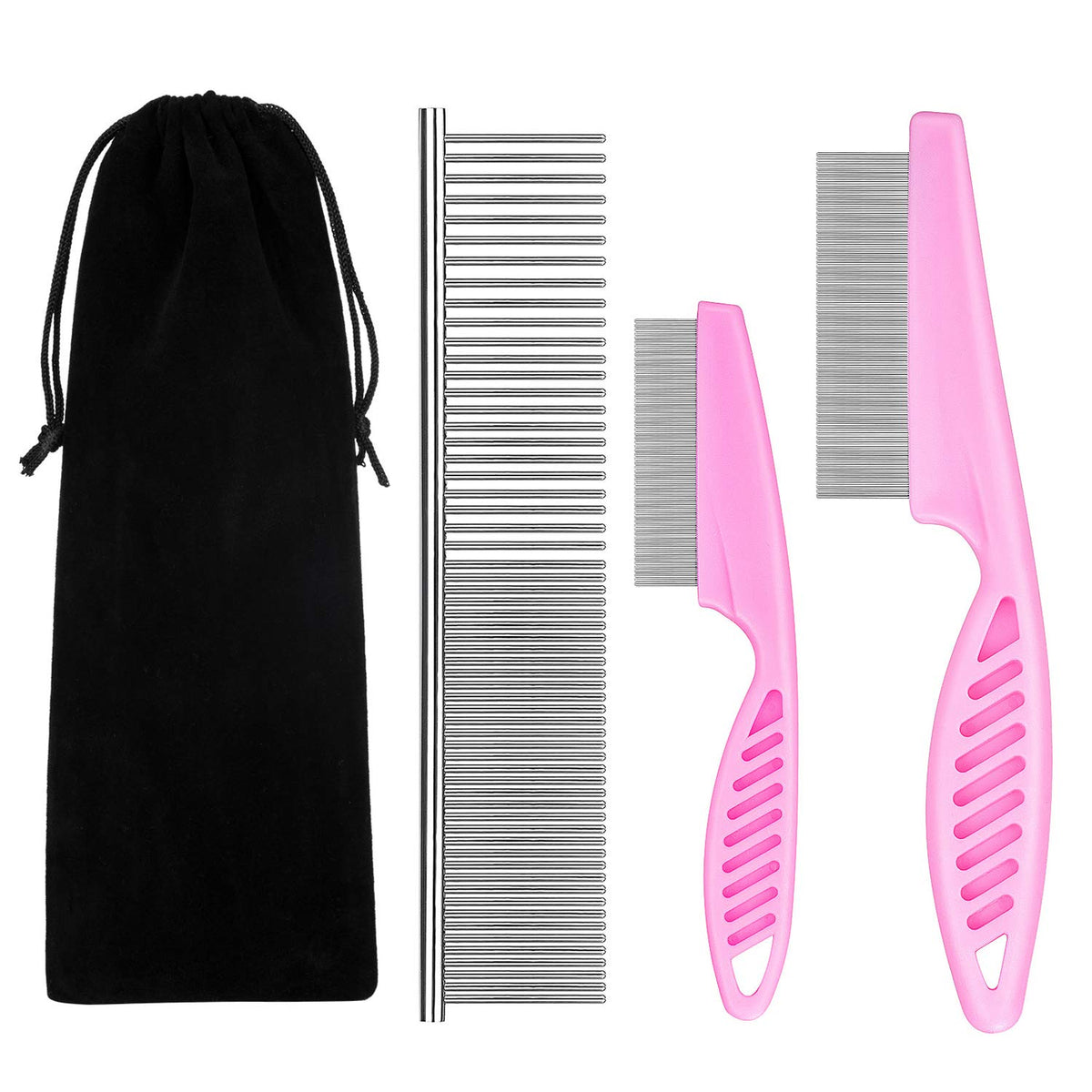 Benseao Flea Comb For Cats Dog Comb Lice Comb Metal Teeth Durable Tear Stain Dog Combs Remove Float Hair Combing Tangled Hair Dandruff Pet Comb Grooming Set 3 Pieces Add Storage Pouch (Pink)