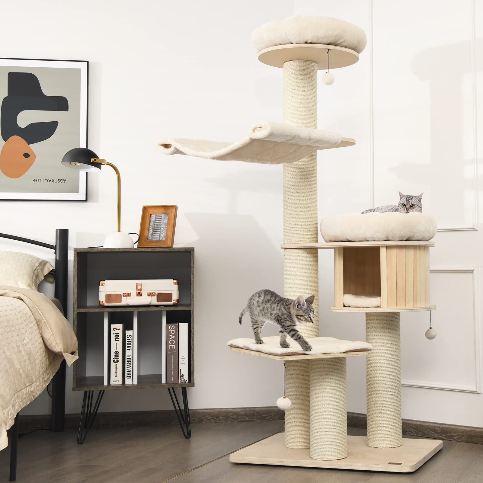 Tangkula Modern Cat Tree, Multi-Level Large Cat Tower W/Cat Condo, Hammocks & Hanging Basket, Tall Cat Tree W/Sisal Posts, Washable Cushions, Wood Cat Trees And Towers For Indoor Large Cats