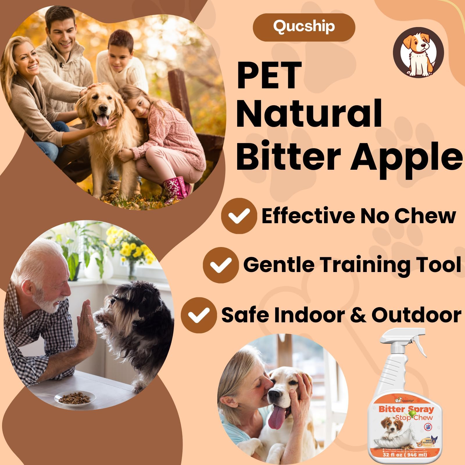 Qucship 16Oz Natural Spray To Prevent Dogs From Chewing Furniture And Items, Suitable For All Dog Breeds