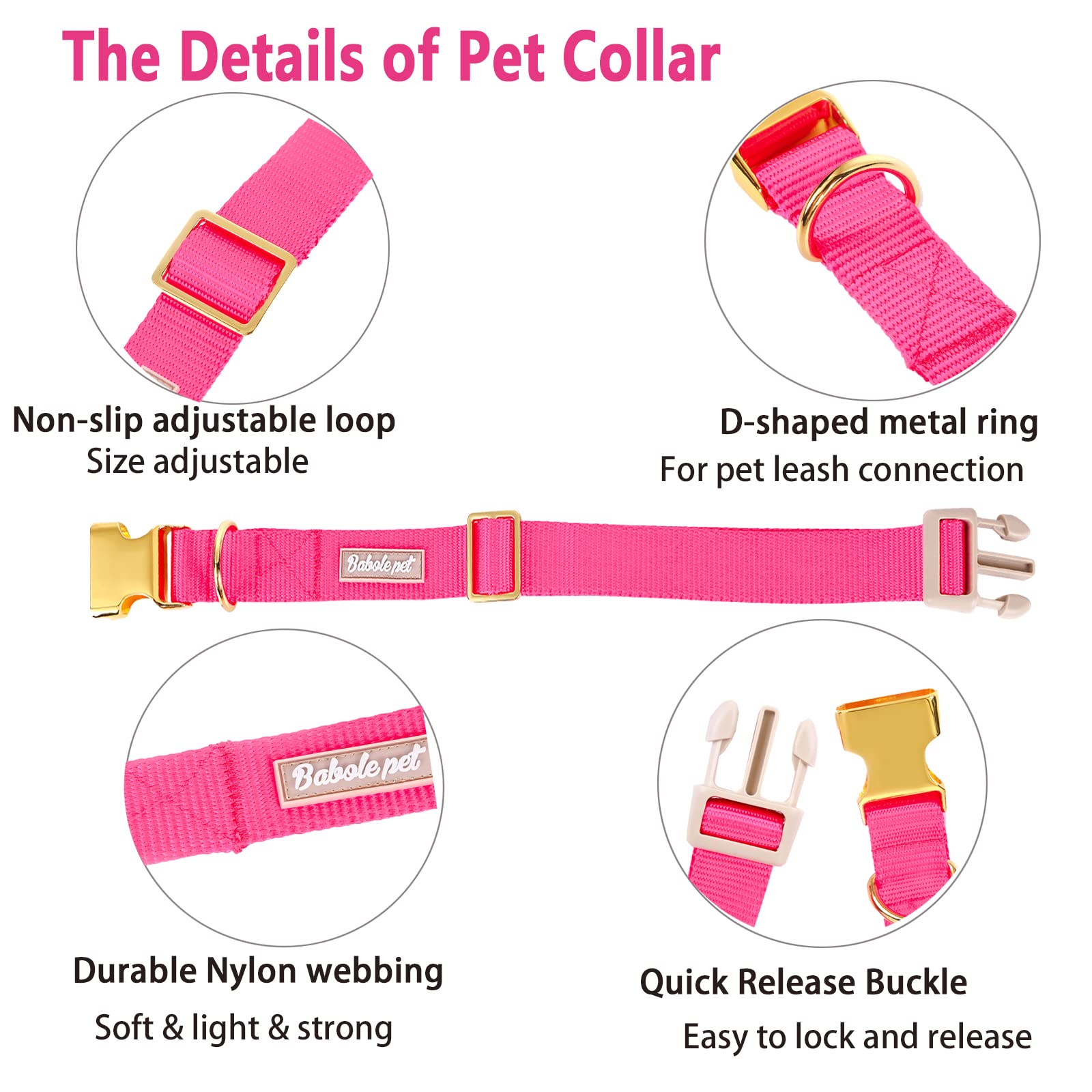 Babole Pet Nylon Dog Collar - Adjustable Rose Red Soft Webbing Dog Collars For Small Medium Large Dogs Boy Girl Puppy Collar Wit