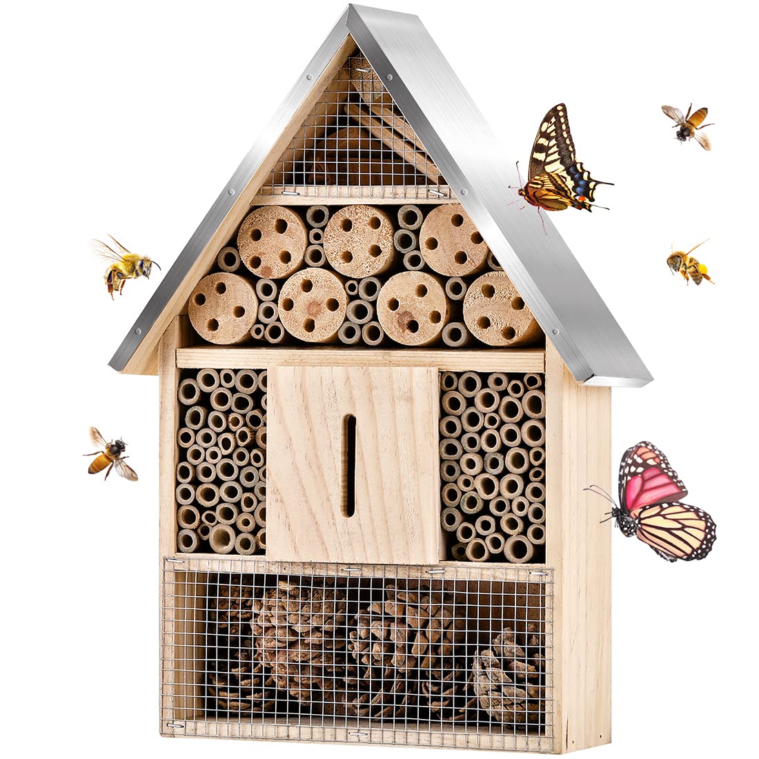 Elipark Wooden Mason Insect Bee Butterfly House,Insect Hotel,an Outdoor Hanging Bamboo Habitat for Bee Butterfly Ladybugs Live,B