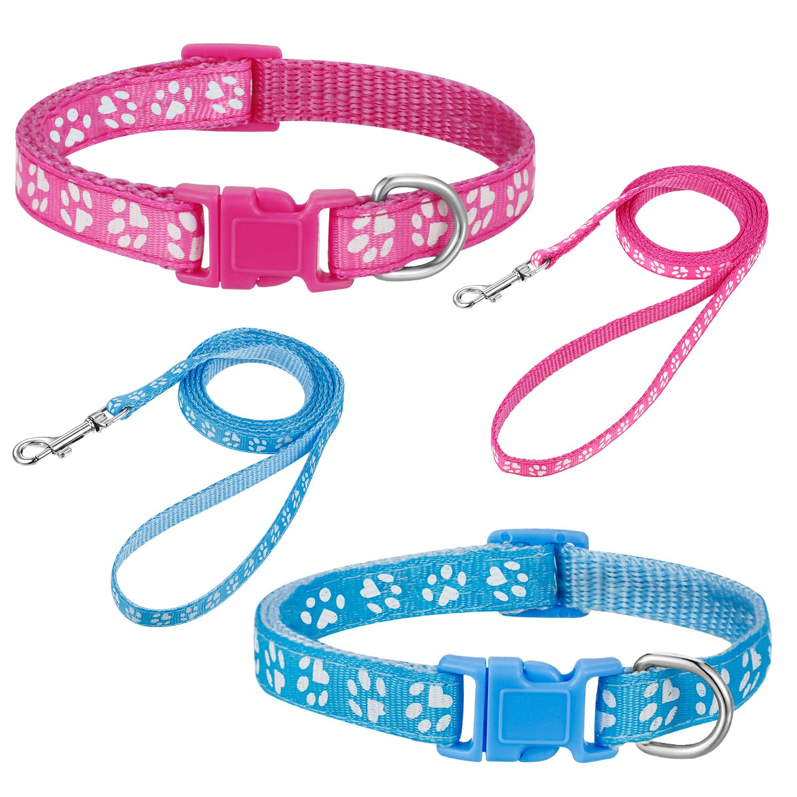 Boumusoe 2 Packs Dog Collar And Leash Set, Puppy Collar And Lead Set Quick Release Buckle Adjustable Paw Print Puppy Collar Soft
