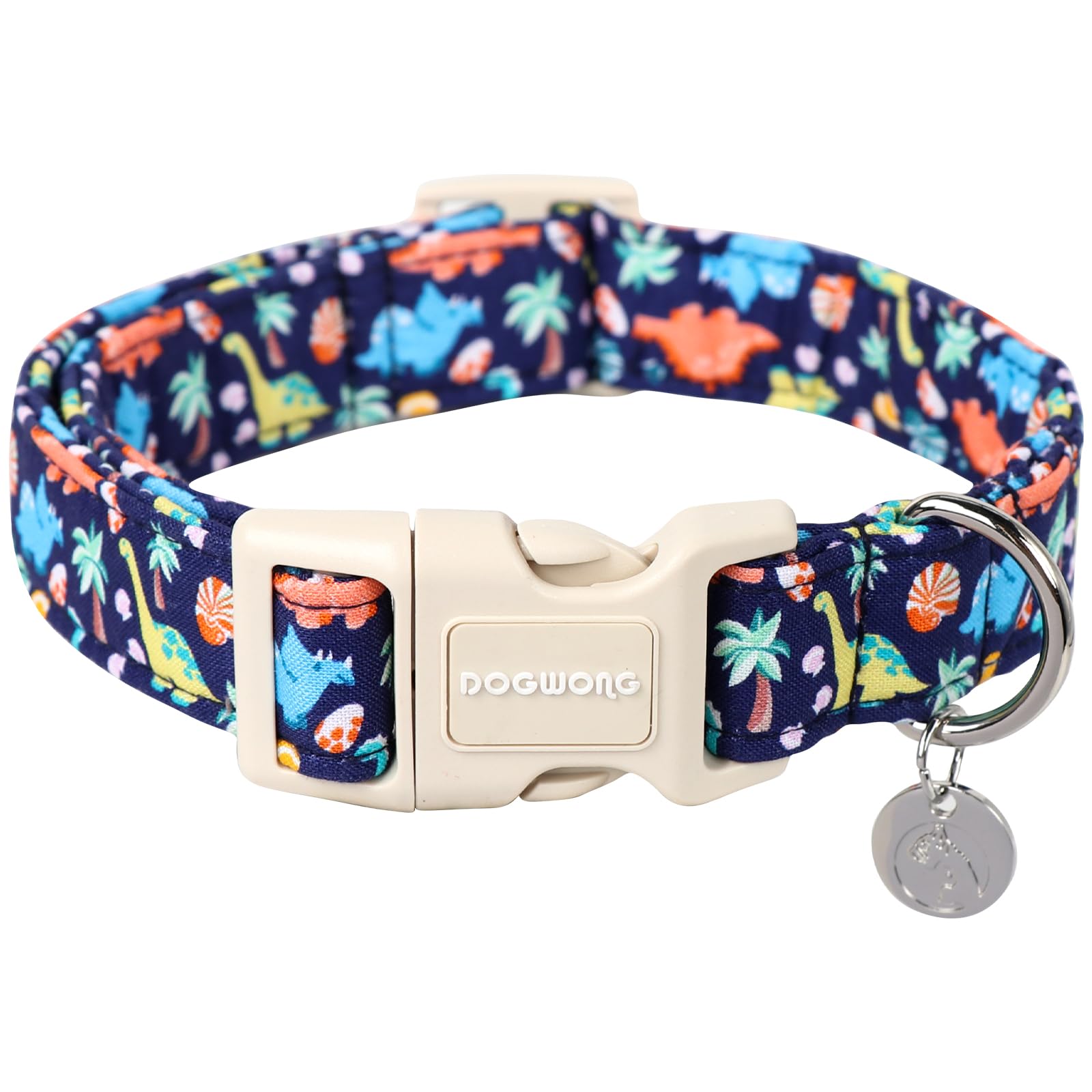 Dogwong Cotton Dog Collar, Blue Dinosaur Dog Collar Durable Soft Natural Fabric Pet Dog Collar Cute Summer Puppy Necklace For Sm
