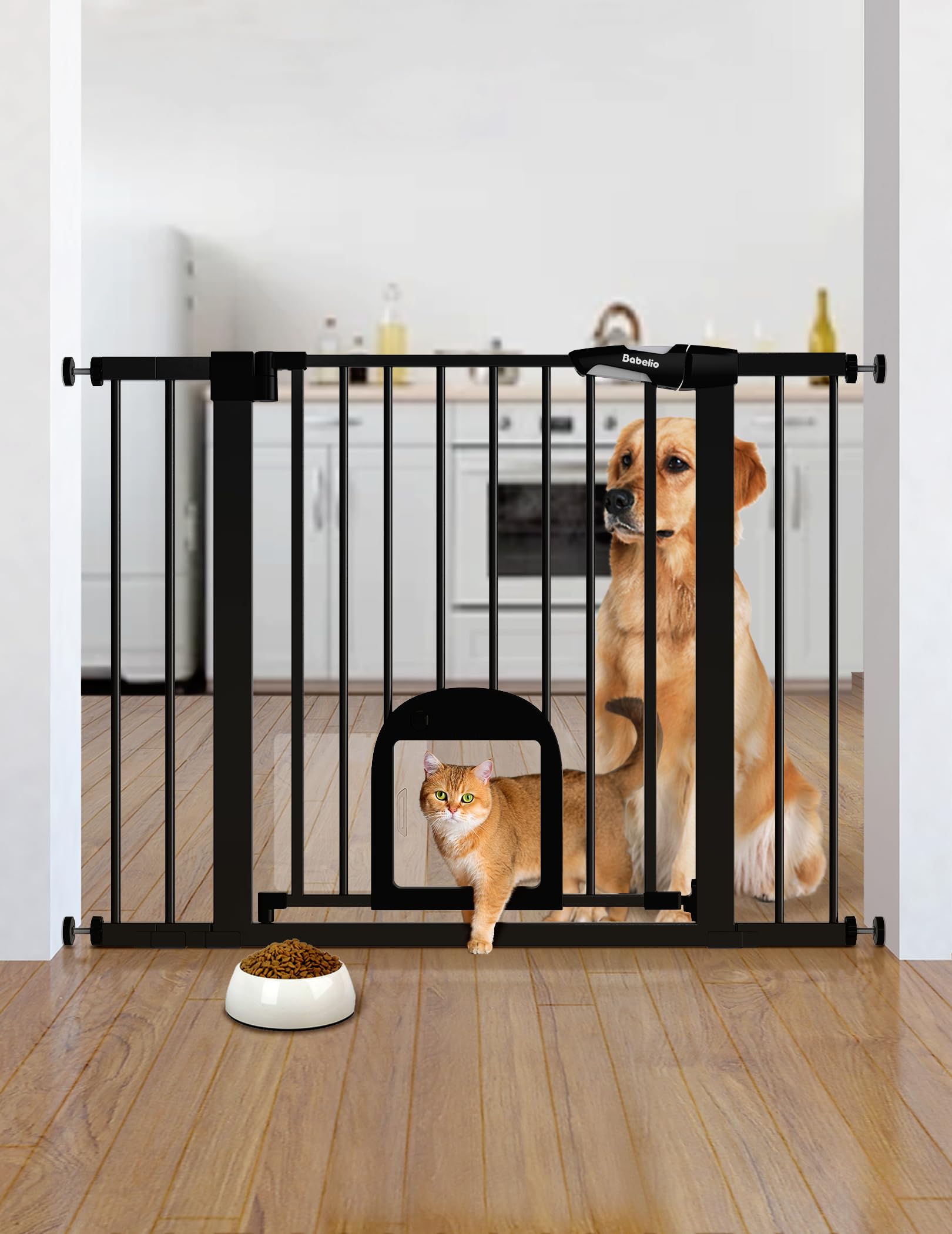 Babelio Upgraded Baby Gate with Cat Door, 29-43 Auto Close Durable Dog Gate for Stairs, Doorways and House, Easy Walk Thru Safet