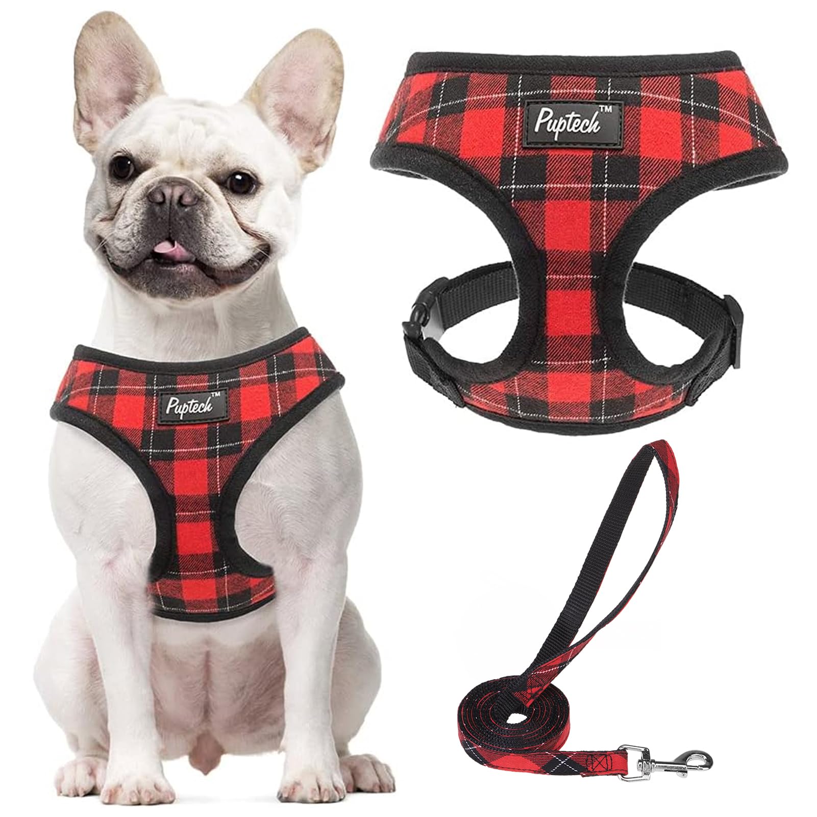 Pupteck Soft Mesh Dog Harness And Leash Set Pet Puppy Cat Comfort Padded Vest No Pull Harnesses, Red&Black, M