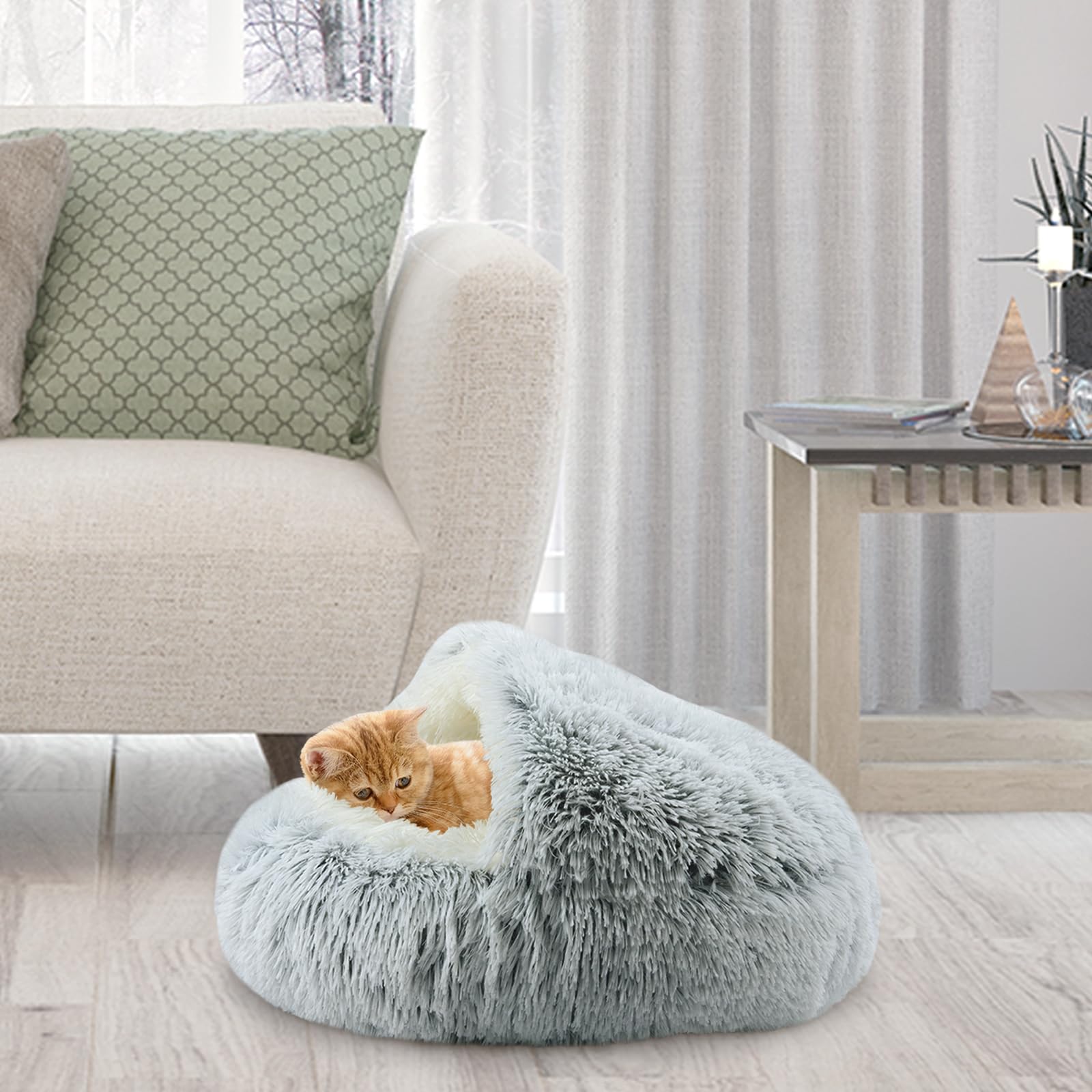 Arquiel Round Plush Hooded Cat Bed, Fluffy Cozy Anti-Anxiety Dog Cave Beds For Puppy And Kitten, Gifts For Pet Lovers(20  20 Inc