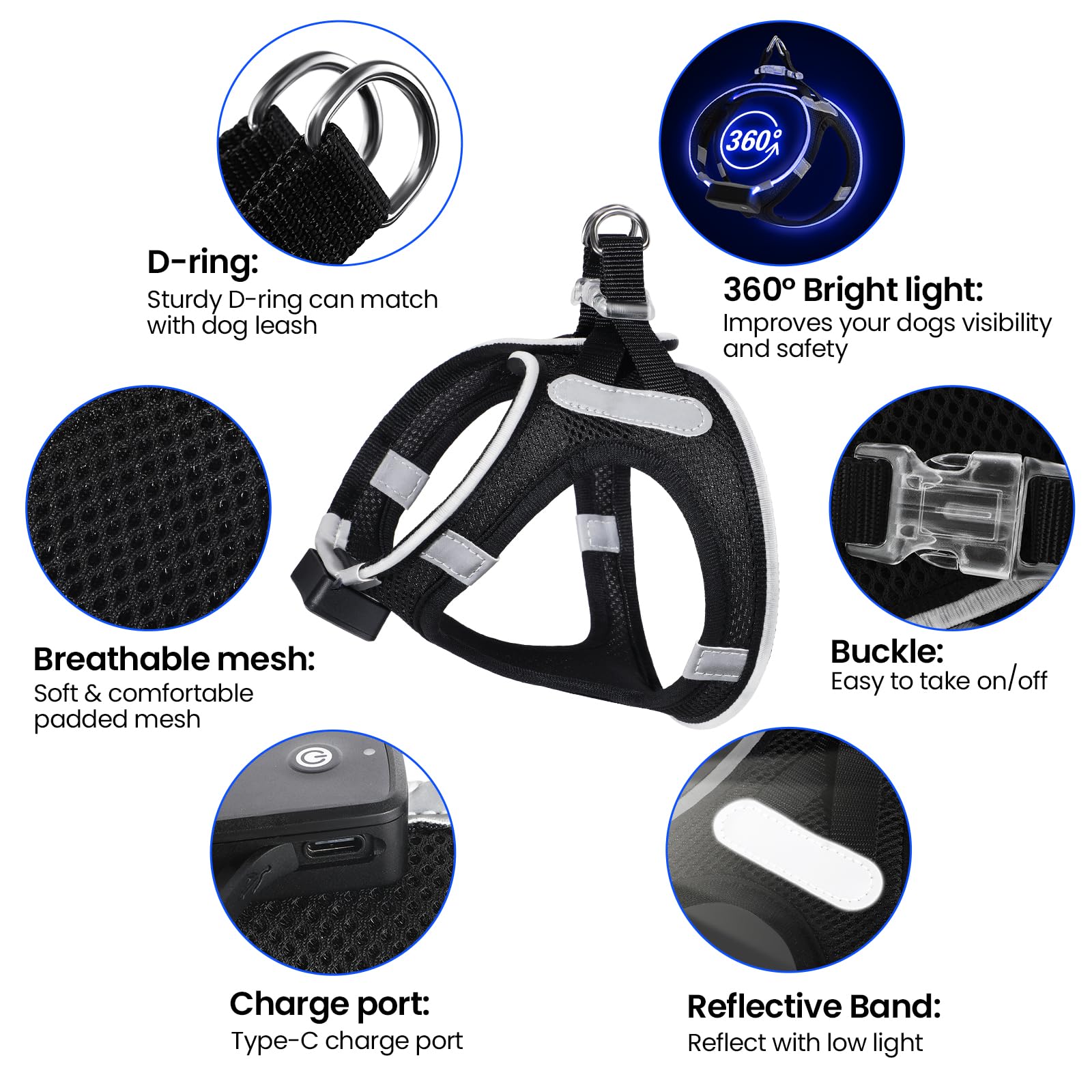 Pceotllar Light Up Led Dog Harness - Rechargeable No Pull Reflective, Flashing For Night Walking (Blue, Xs)