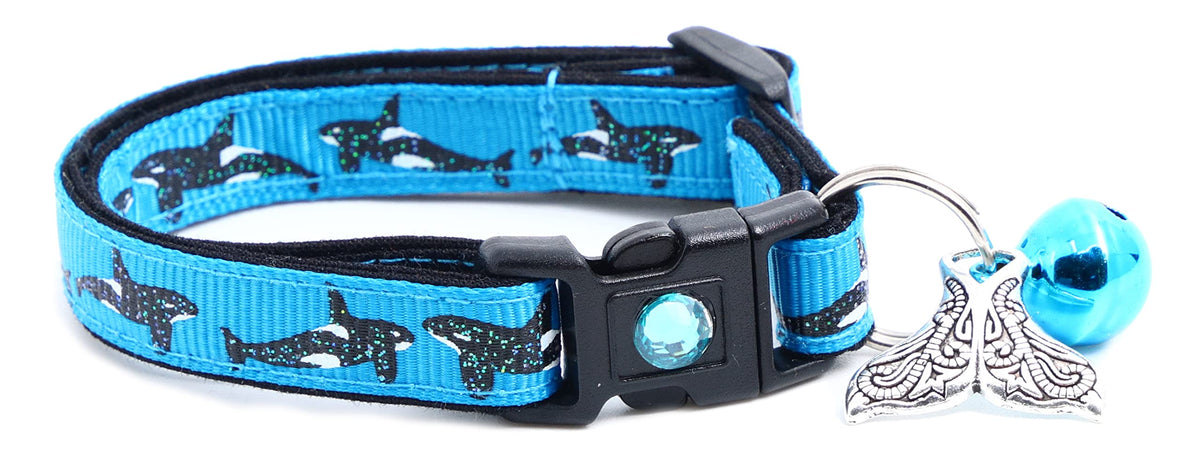 Orca Whales On Red Cat Collar - Safety - Breakaway - Charm And Bell - Pugs2Persians (Small(10Lbs & Less), Blue)