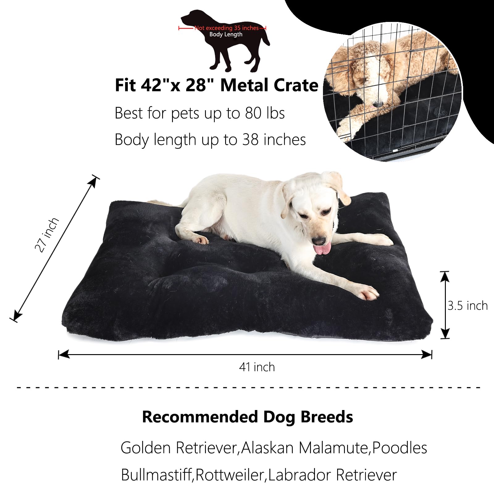 Nononfish Dog Crate Pad 42X28 For Large Dog Washable,Pet Beds For Large Crate 48X30 Fit Kennel With Anti-Slip Bottom,Extra Soft