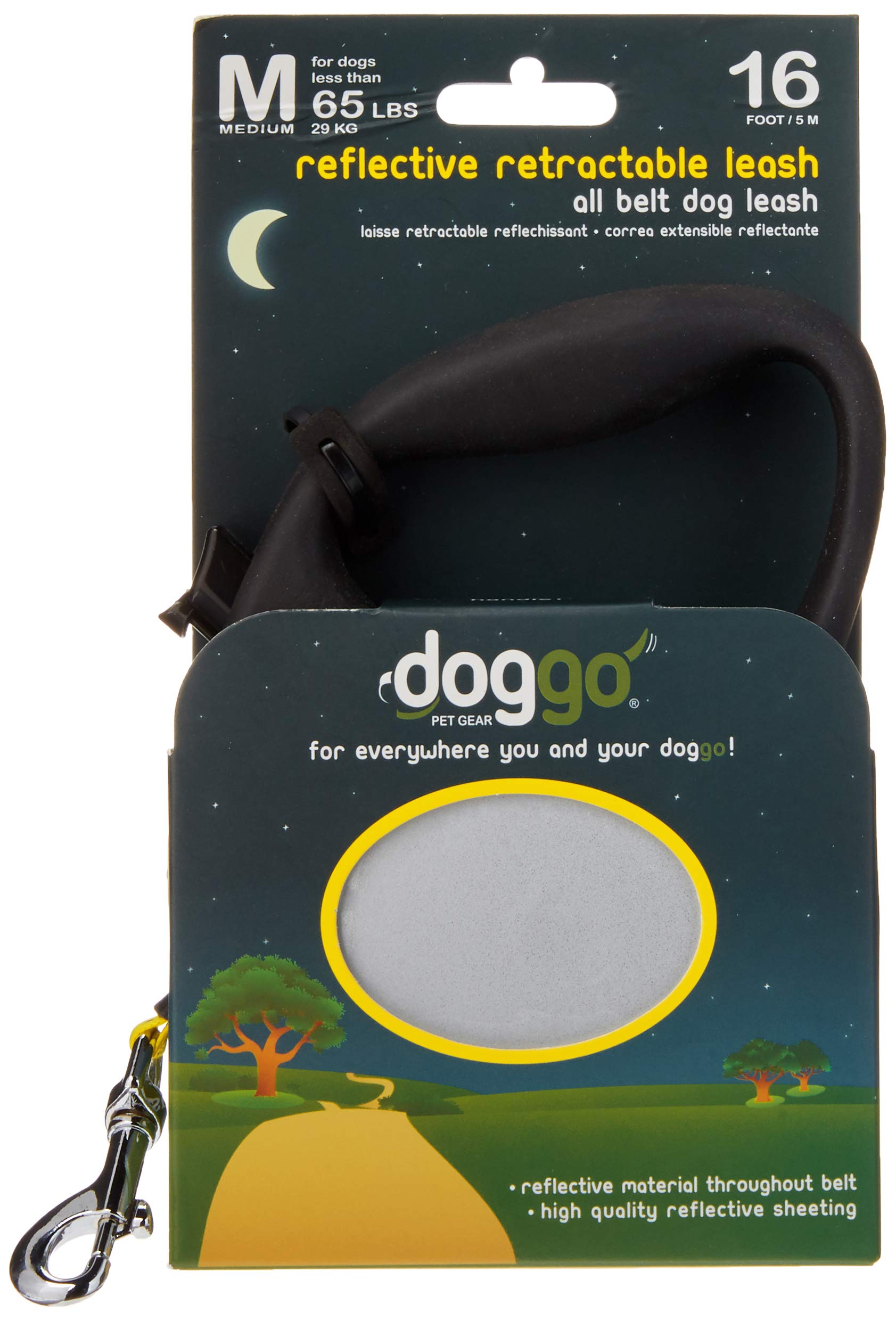 Doggo Reflective Retractable Dog Leash, 16' Long Reflective Belt, Medium For Dogs Up To 65 Lbs., Neon Yellow With Reflective Acc