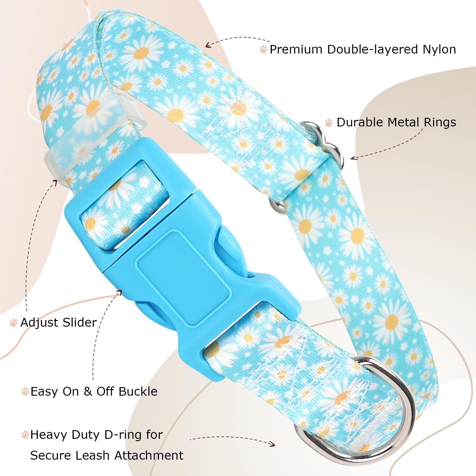 Dog Collars For Large Dogs With Blue Daisy Flowers Floral Design For Boy Girl Dogs, Adjustable Comfy Soft Pet Collar With Safety