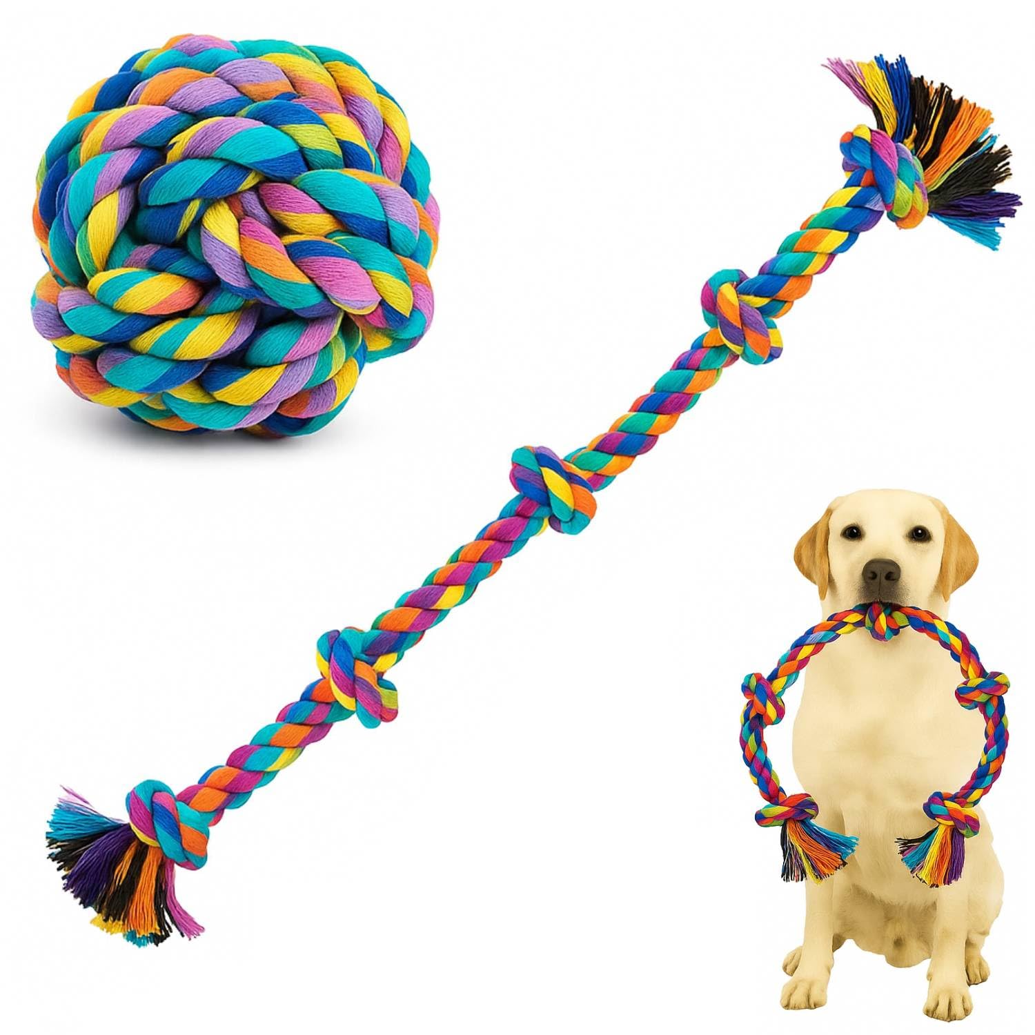 PETZLUV Dog Rope Toys  Heavy Duty 5 Knot Cotton Rope & Rope Ball for Aggressive Chewers, Tug of War & Chew Toy for Large Breed 