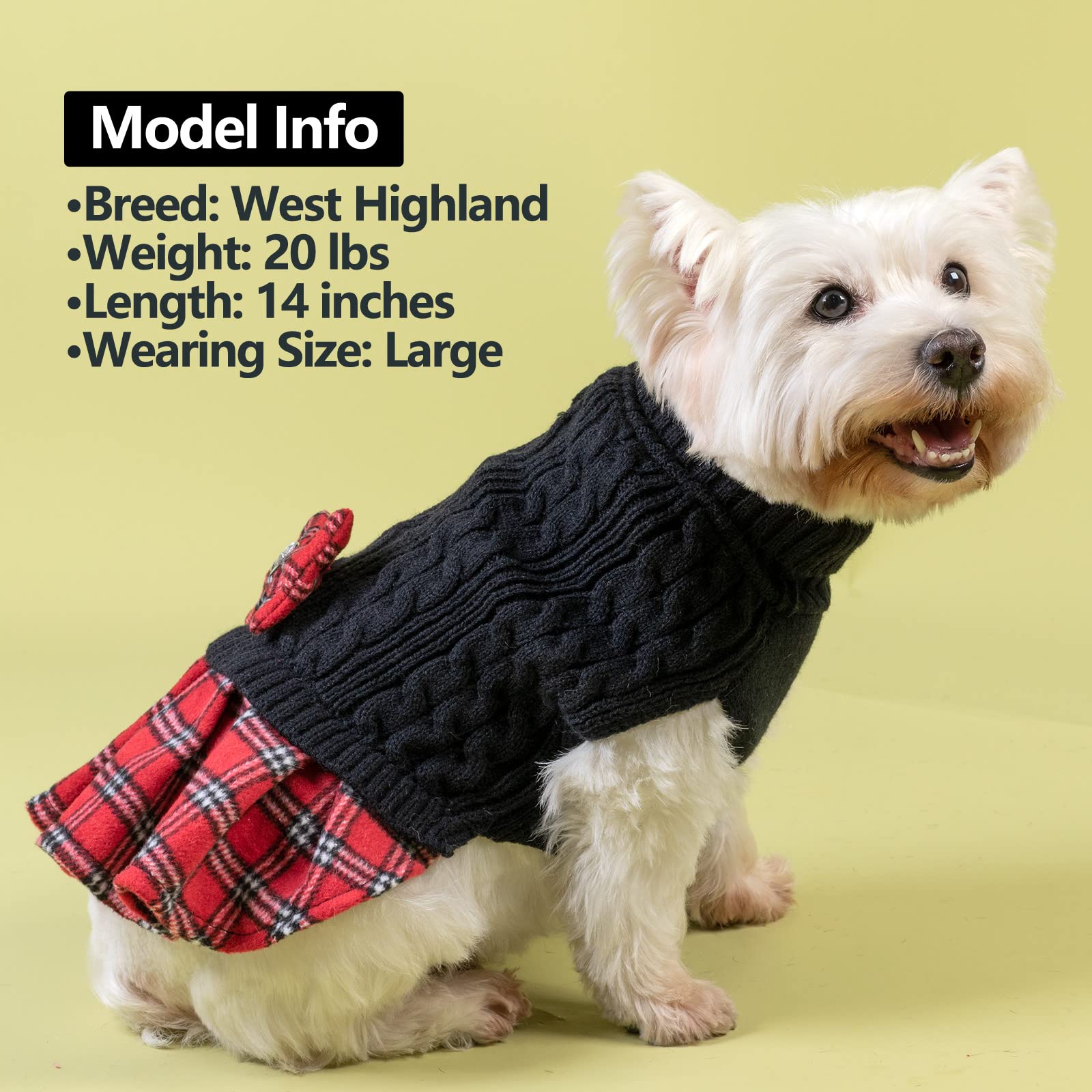 Kyeese Dog Sweater Dress With Leash Hole Bowtie Checkered Turtleneck Dog Sweaters For Small Dogs Warm Pet Sweater Black