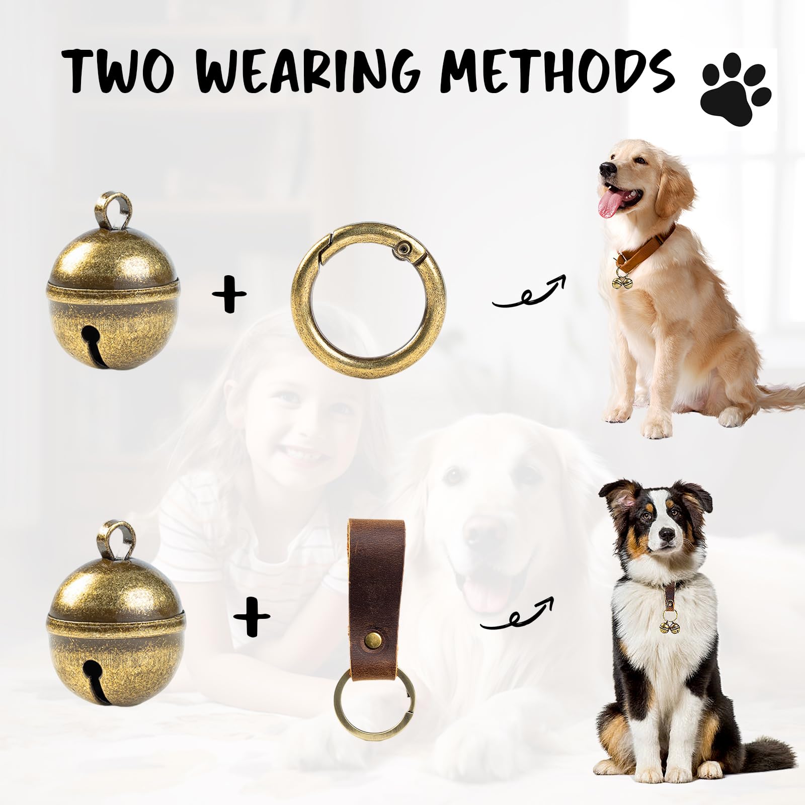 Geehouz Loud Dog Collar Bells, Durable Pet Bells Tracker For Large Dogs, 4 Copper Ells And 2 Leather Button Strap For Outdoor Sa