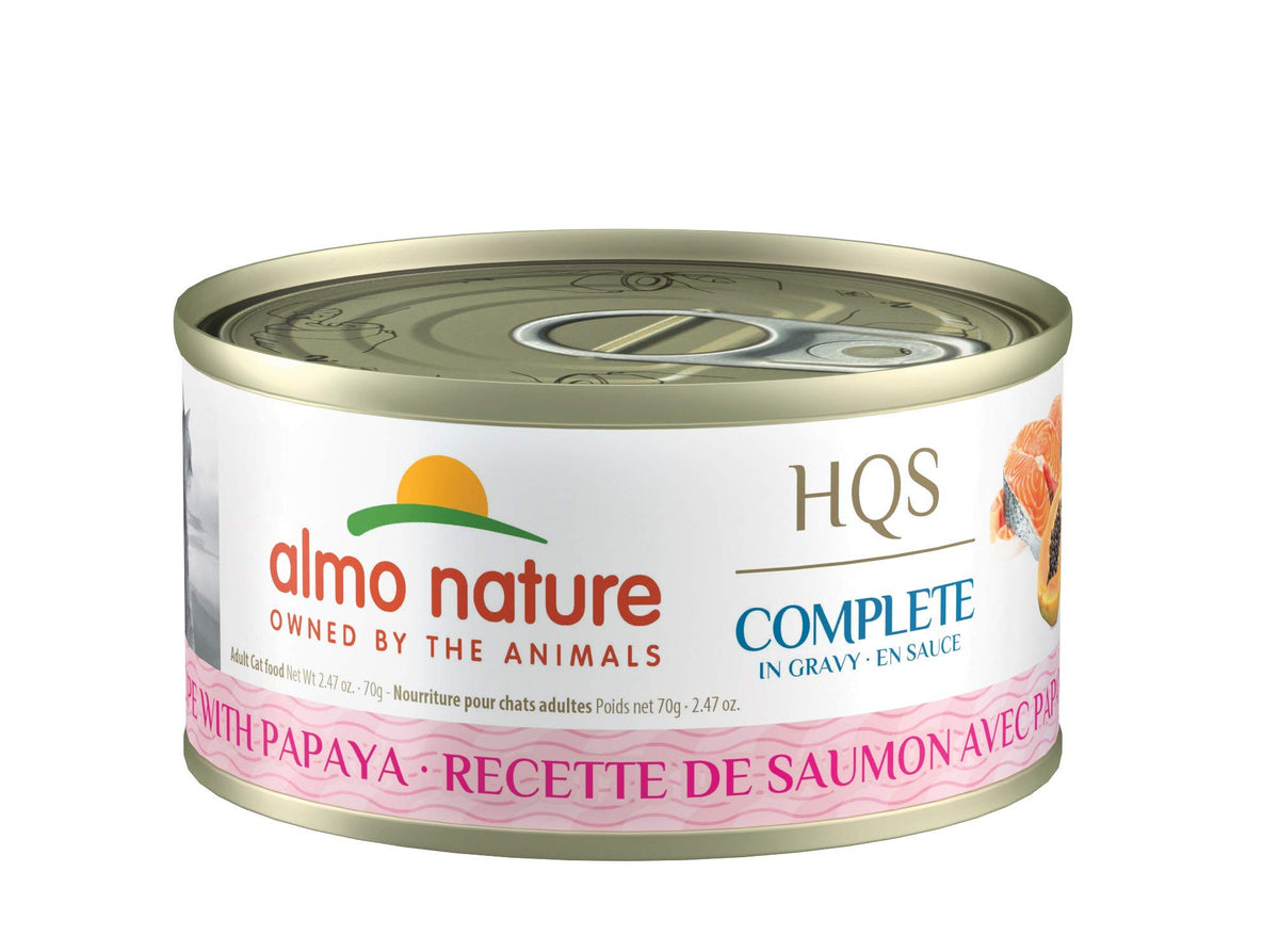 Almo Nature Hqs Complete Salmon & Papaya In Gravy, Grain Free, Adult Cat Canned Wet Food, Flaked.