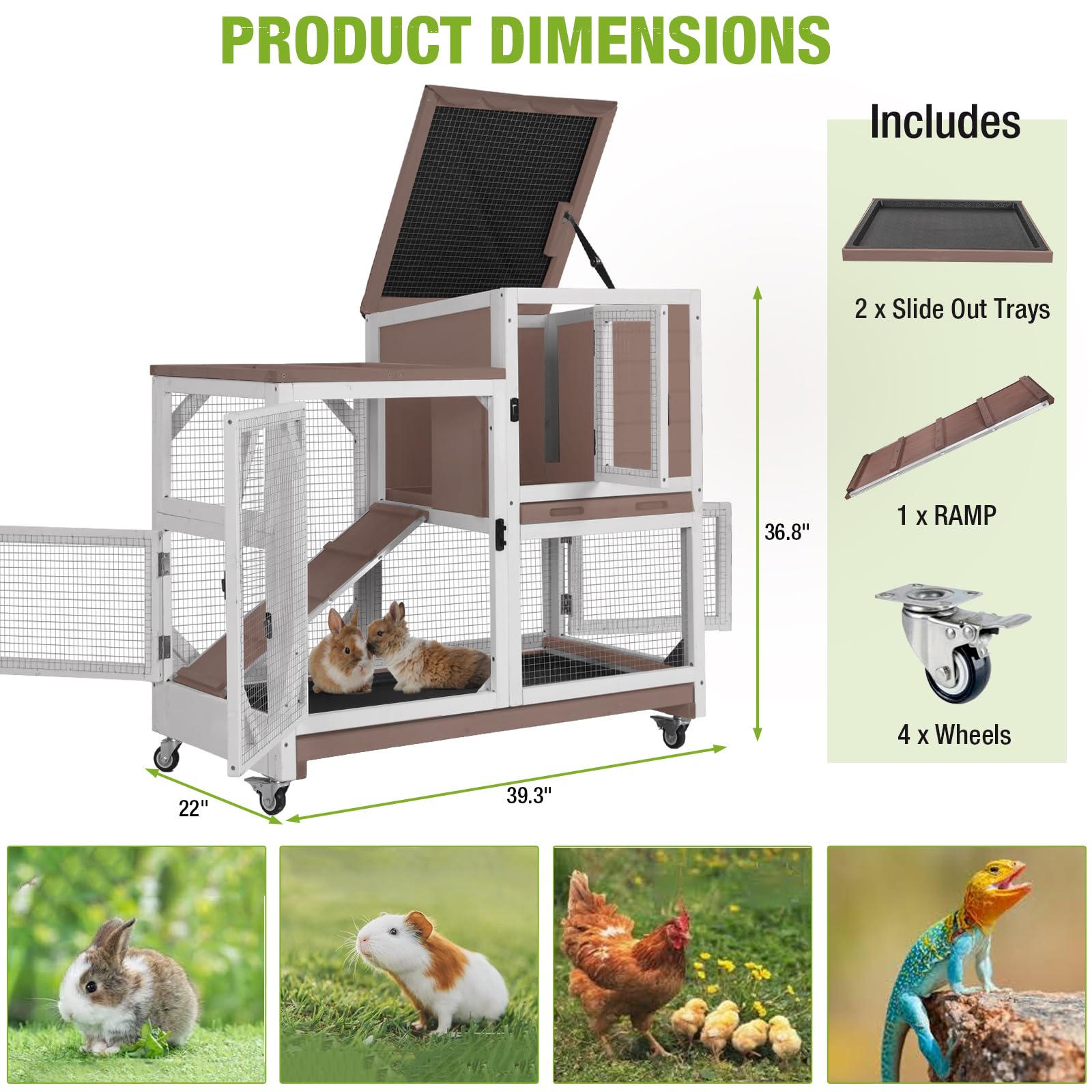 Gutinneen 2-Story Rabbit Hutch with Chew-Proof Ramp & Leak-Proof Trays - Indoor/Outdoor 39.3 '' Wooden Rabbit Cage with Wheels f