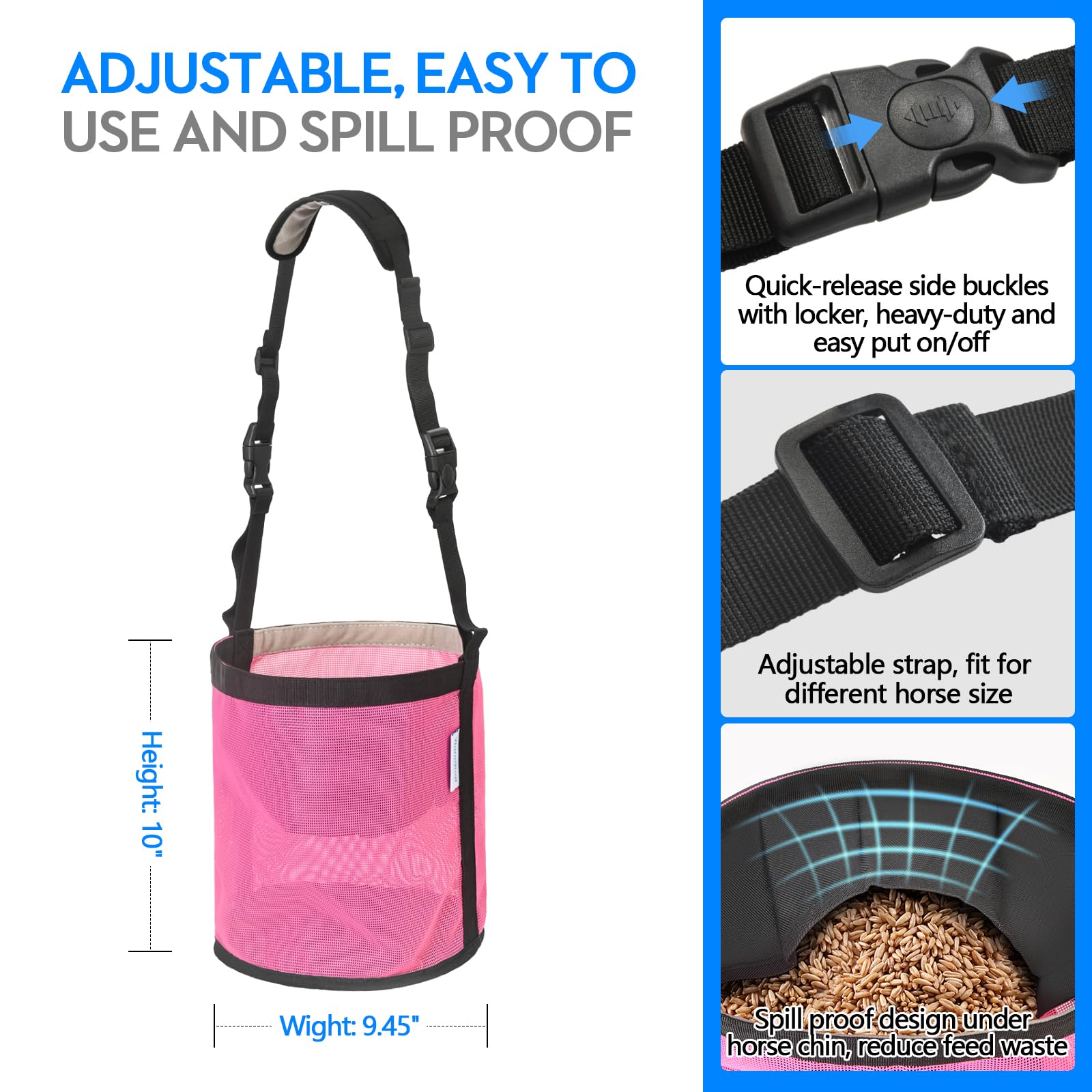 WARMWOW Horse Feed Bag Pack of 2, Feed Bags for Horses with Ventilation Mesh, Comfort Nose Pad Neck Pad, Adjustable Strap, Spill