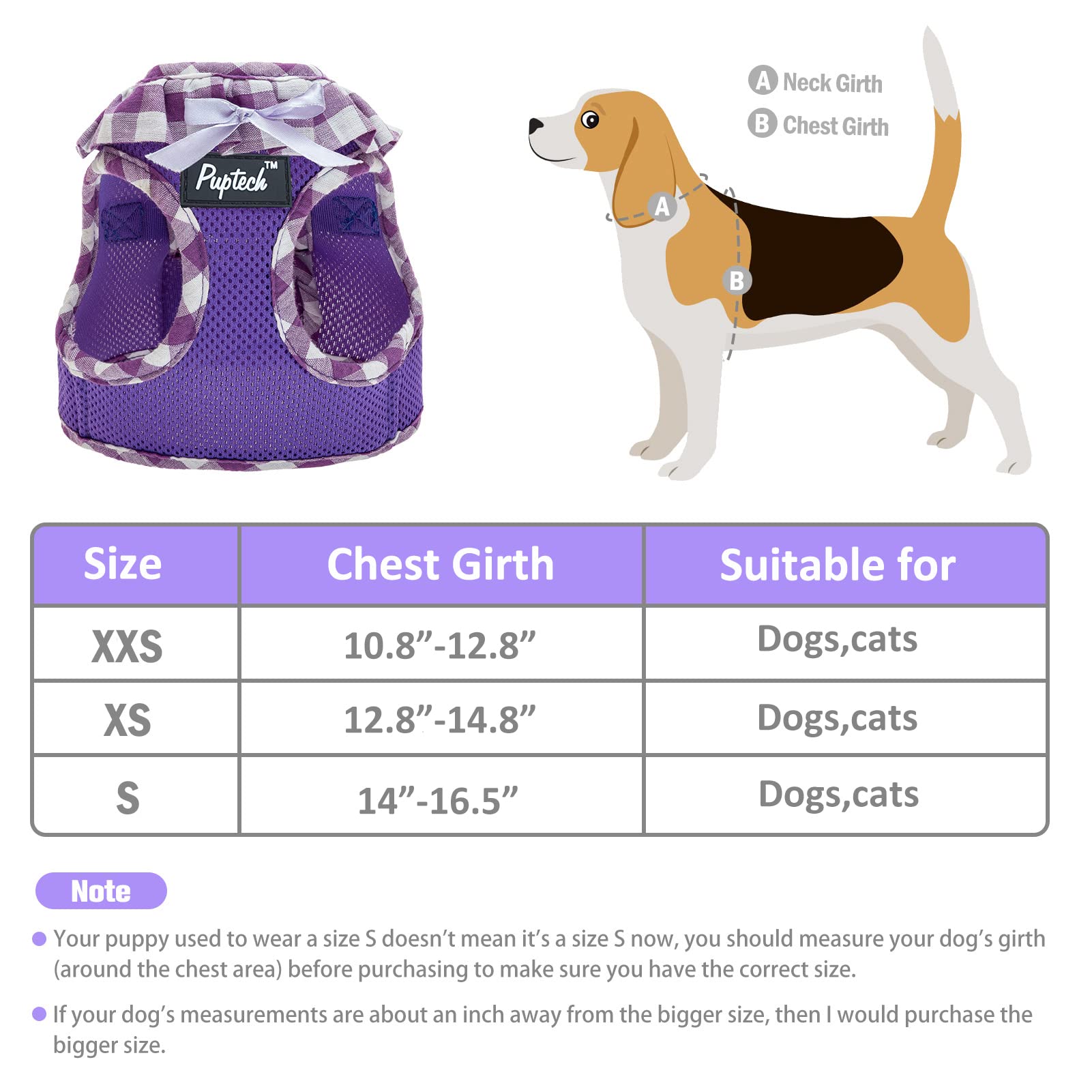 Pupteck Small Dog Harness No Pull Step-In Puppy Cat Harness Soft Mesh For Girls, Purple Xs