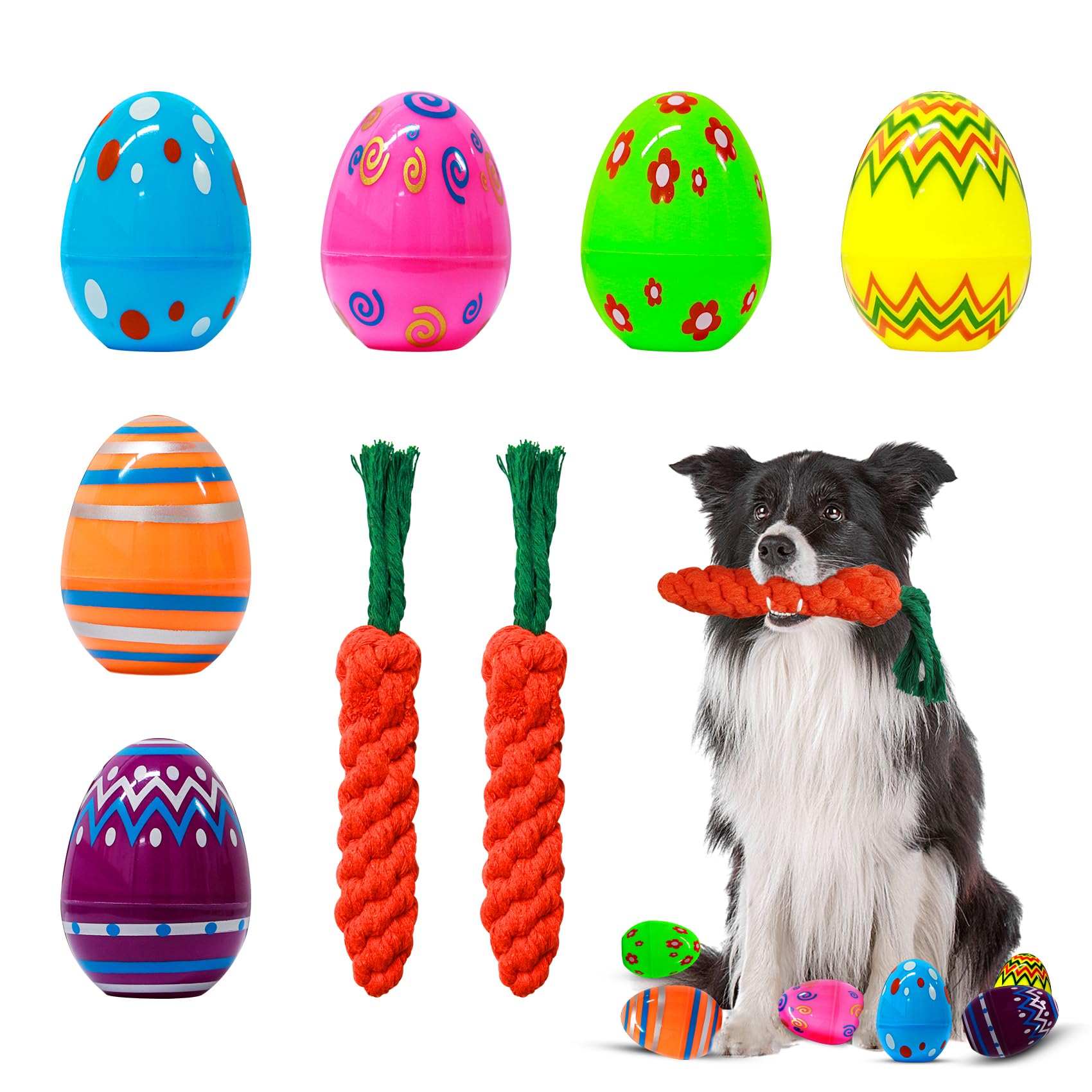 8Pcs Carrot Dog Toy Set - 2 Durable Carrot Rope Chew Toys And 6 Sniff Training Eggs, Interactive Puppy Toys For Small/Medium/Lar