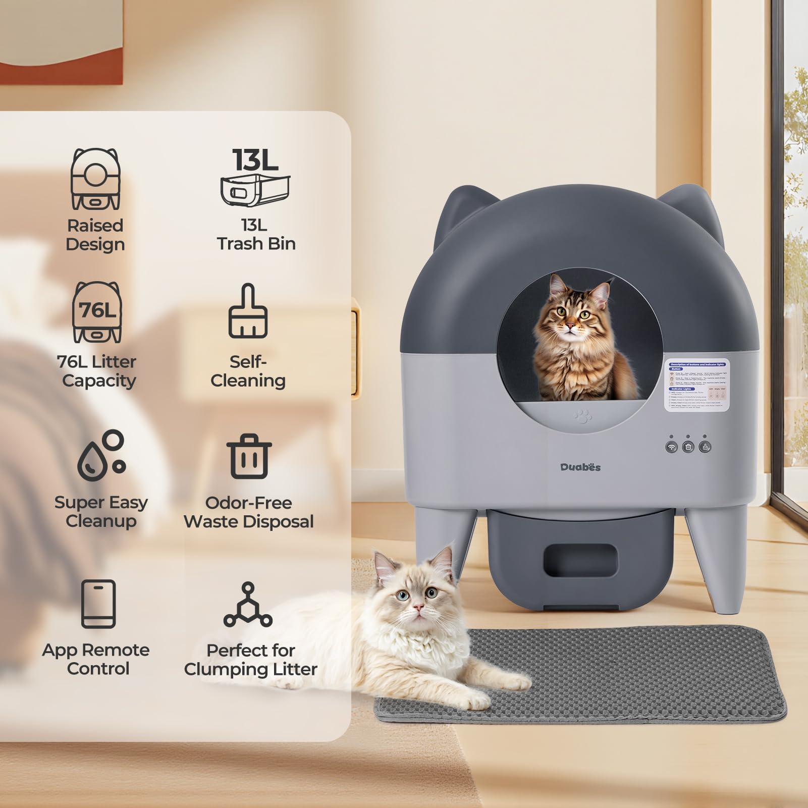 Duabes Self Cleaning Litter Box: Extra Large Automatic Cat Litter Box Self Cleaning for Multiple Cats - APP Control with Smart S