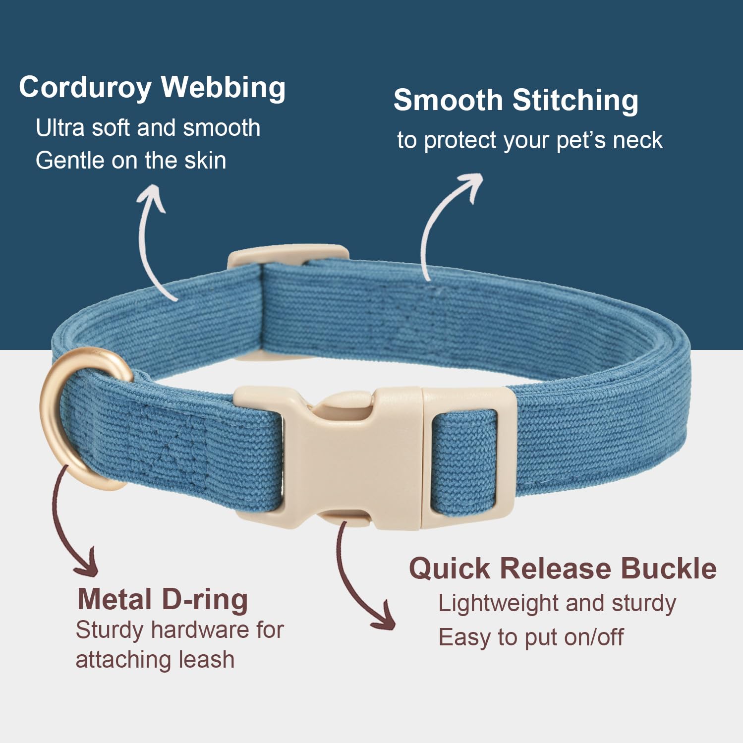 Yudote Soft Cotton Dog Collar Adjustable Corduroy Dog Collars For Small Medium Large Dogs(Blue,Large)